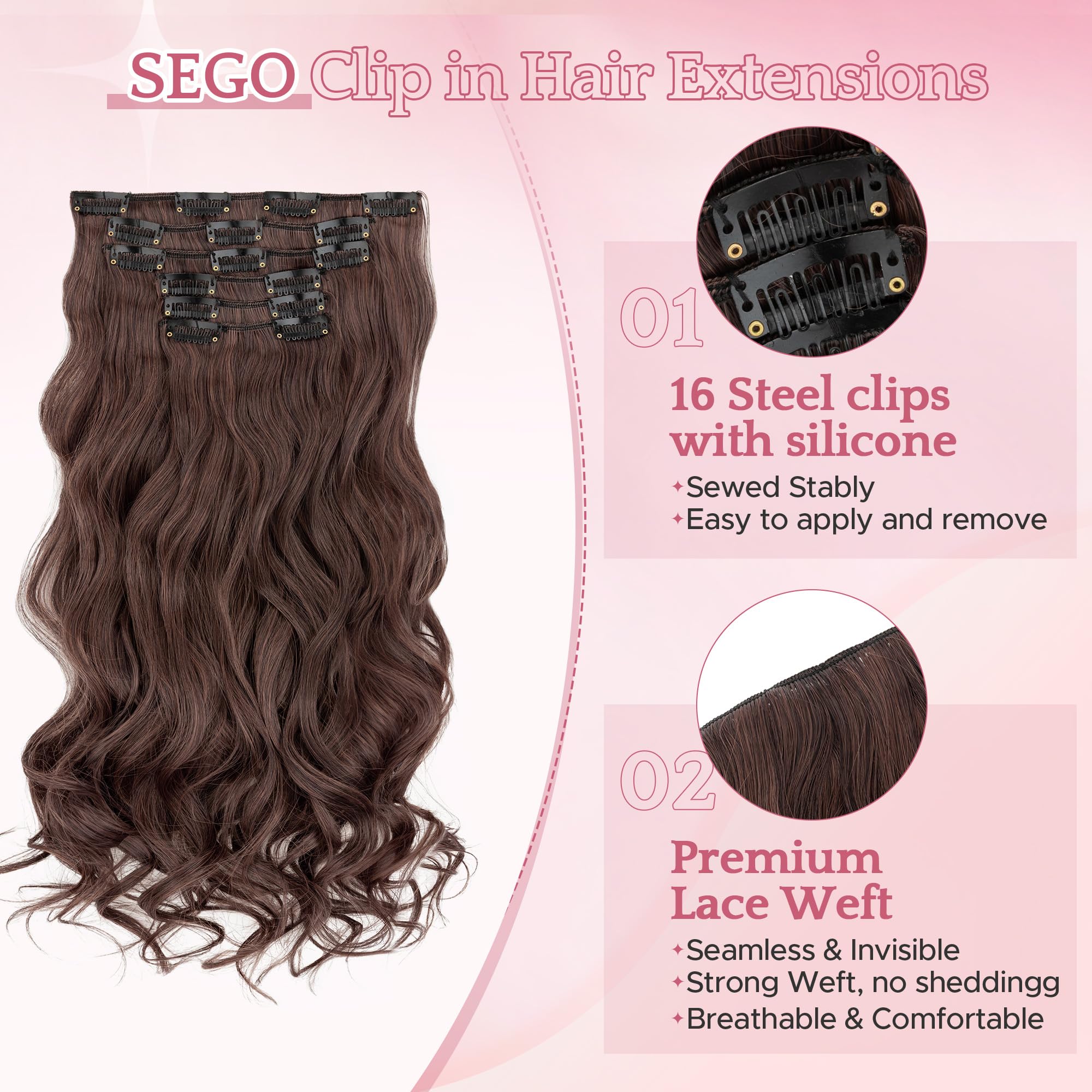 SEGO Clip In Hair Extensions 22 Inch 6PCS Thick Clip In Hair Hairpieces 150g Long Wavy Hair Extension Synthetic Full Head for Women Medium Brown & Dark Brown - Image 2