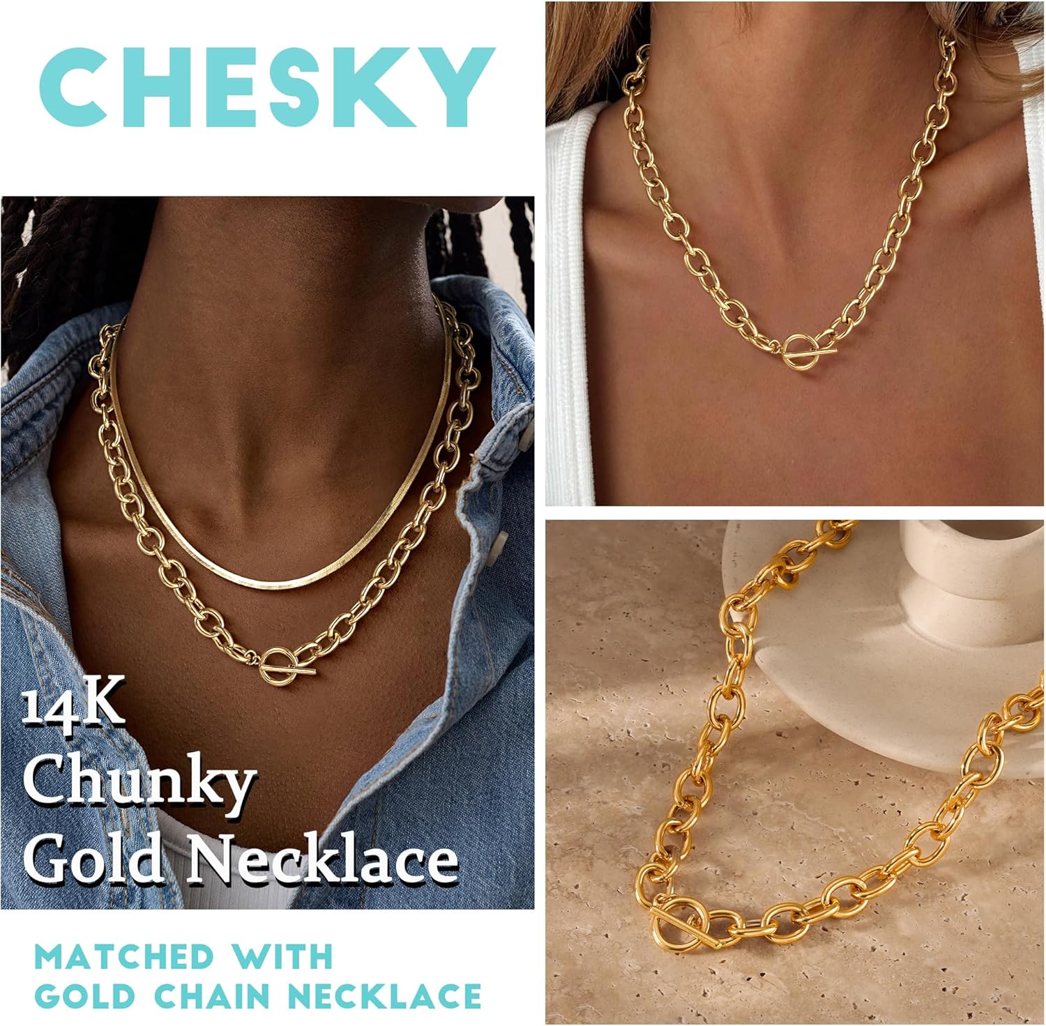 CHESKY 14K Gold Plated Chunky Necklace for Women, Trendy Paperclip Chain Necklace Thick Cross Heart Pendant Necklace Layered Herringbone Cuban Link Chain Toggle Necklaces Non Tarnish Jewelry - Image 5