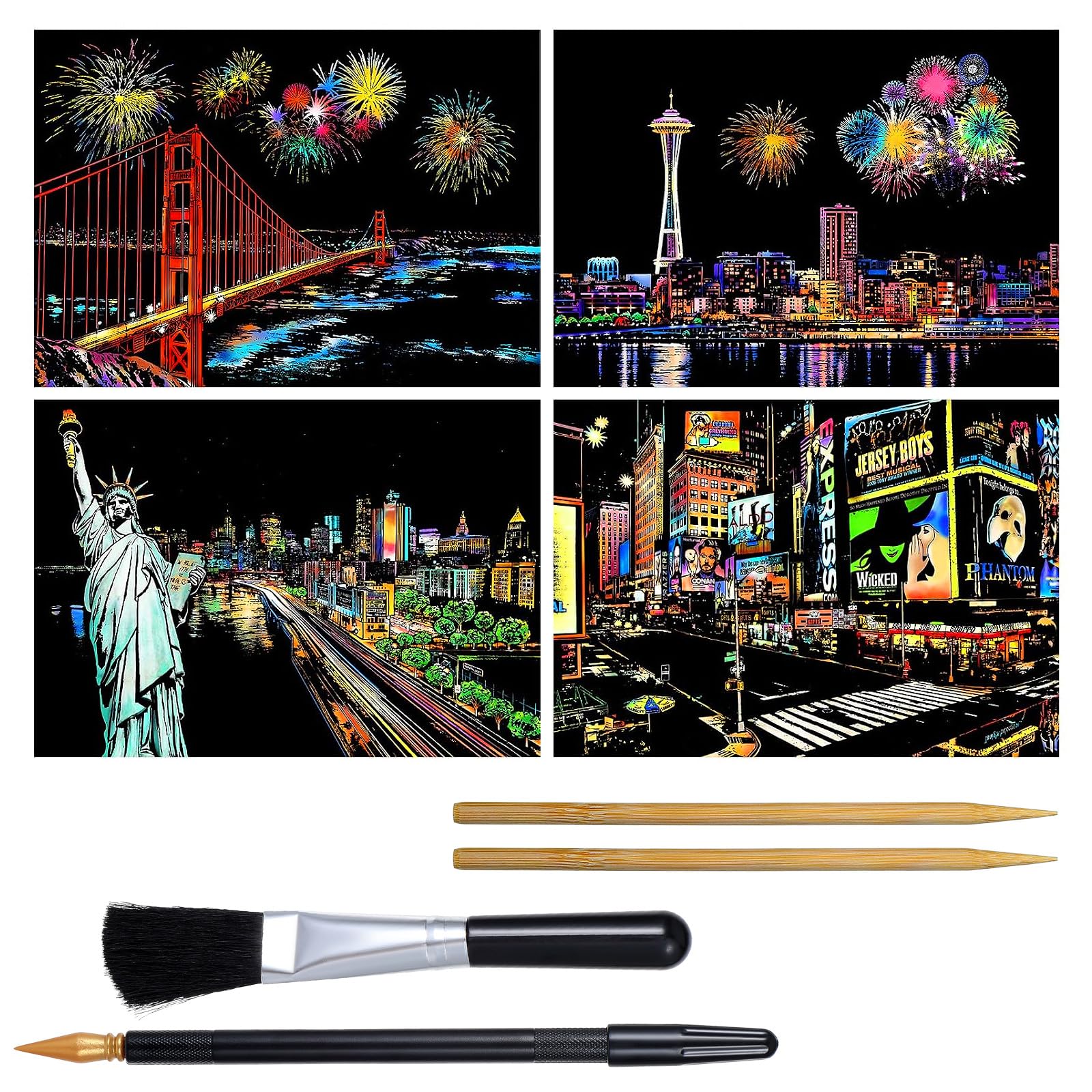 4 Stück Kratzkunst für Erwachsene Kratzbilder Set Scratch Paper Regenbogen Painting Nachtszene Landschaft Kratzpapier A4 Kratzmalerei Kassette Kratzmalwerkzeug Kreatives DIY Kunsthandwerk Kratzbild