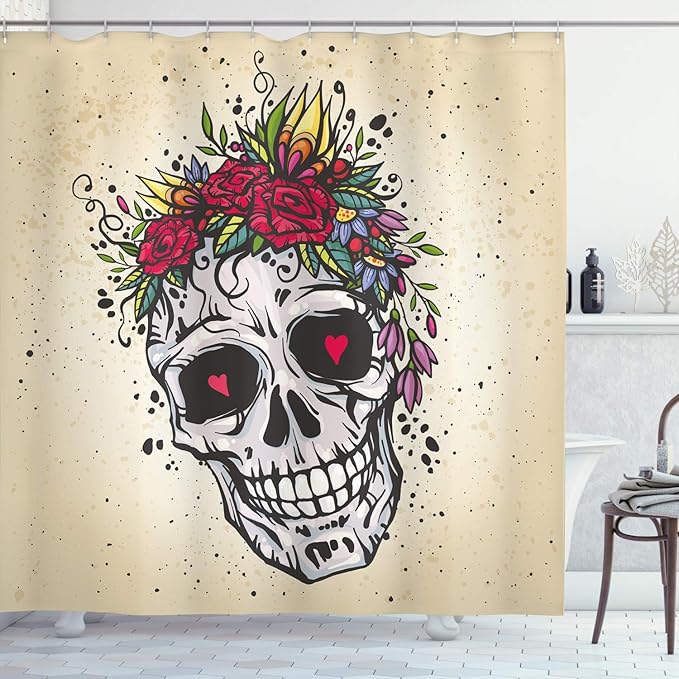 Ambesonne Sugar Skull Shower Curtain, Human Skull with Wreath of Roses and Wild Flowers Hearts in Boho Form Design, Cloth Fabric Bathroom Decor Set with Hooks, 69