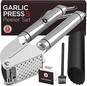 Alpha Grillers Garlic Press Stainless Steel Mincer and Crusher with Silicone Roller Peeler. Rust Proof, Easy Squeeze, Dishwasher Safe, Easy Clean