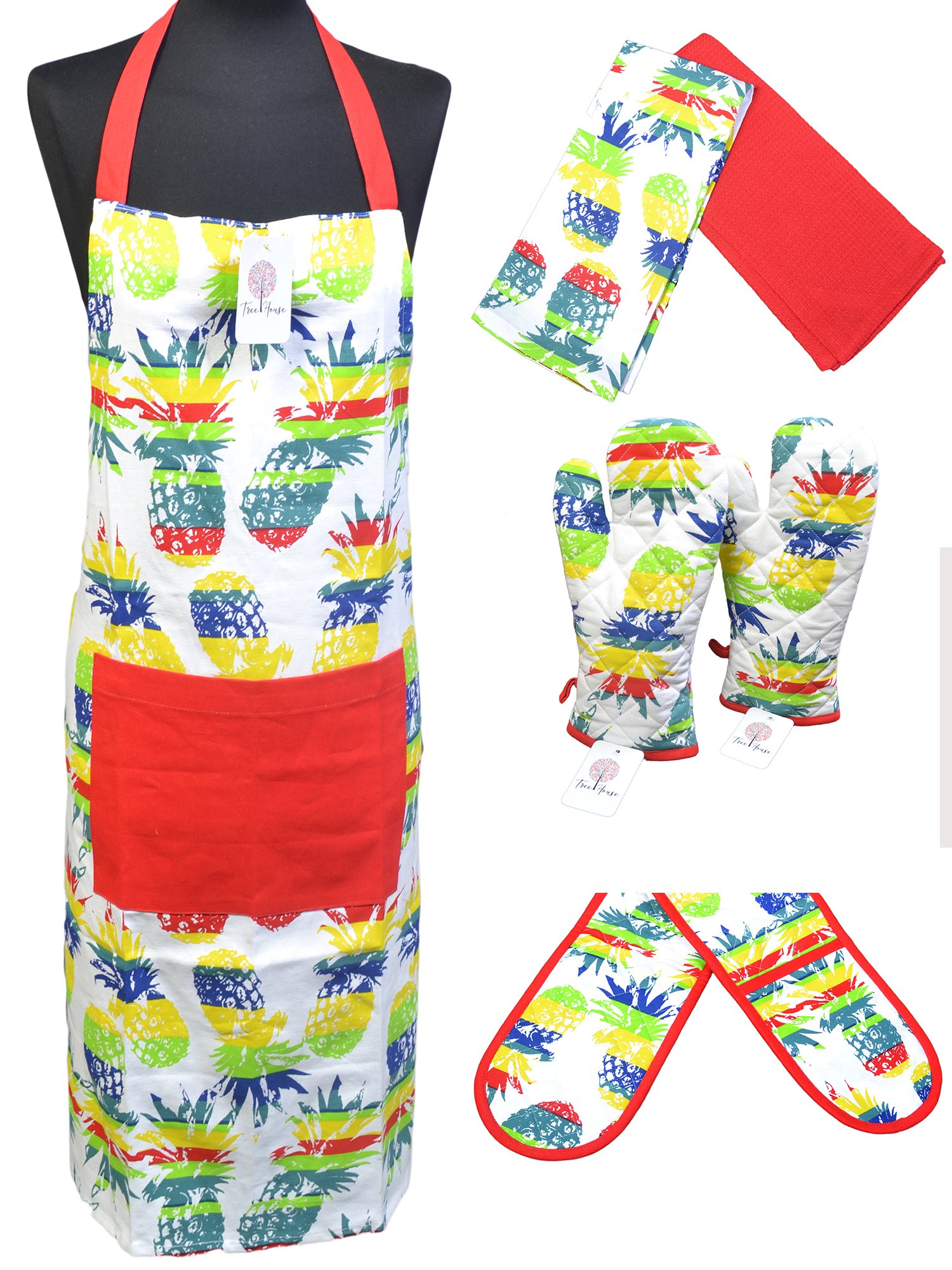 Textil de cocina con diseño tropical de piña y guantes de horno
