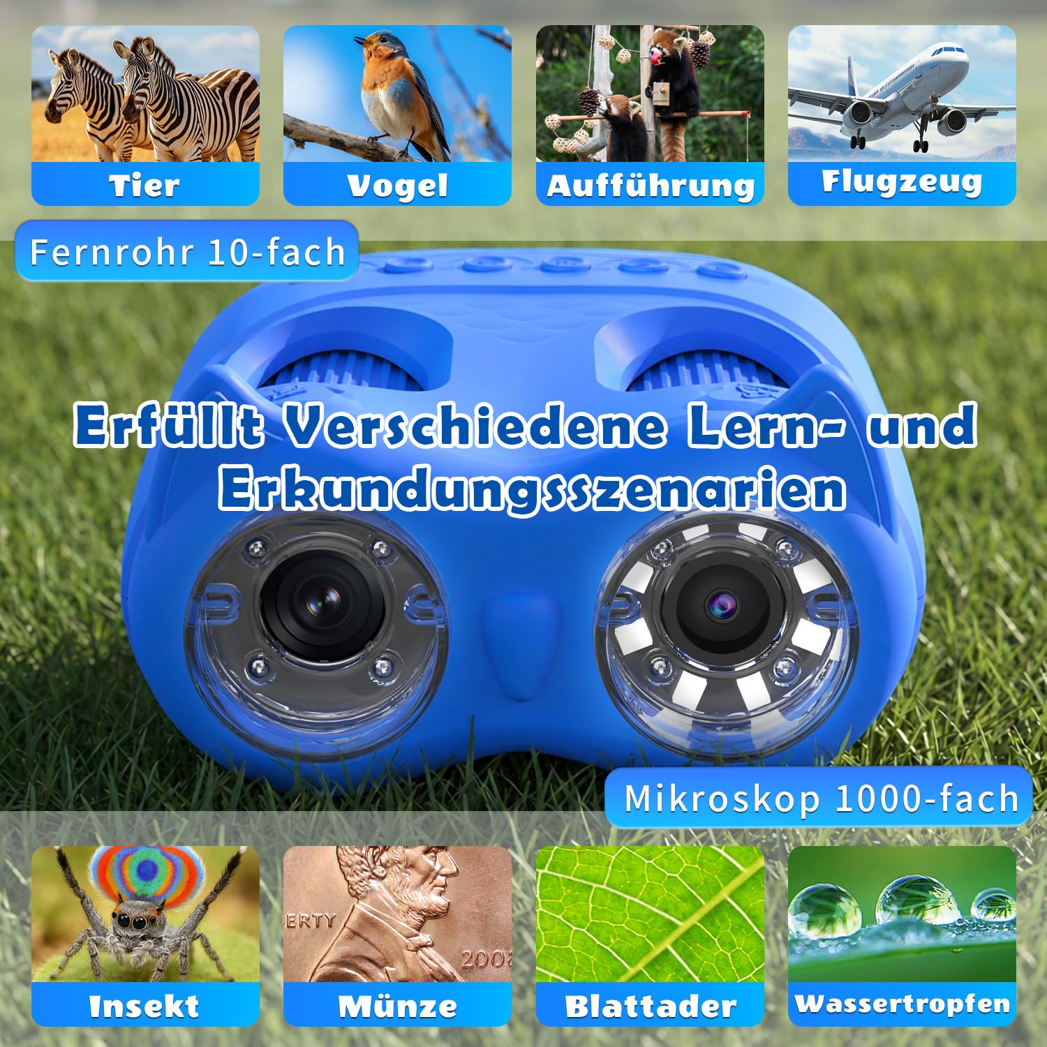 2 in 1 Mikroskop für Kinder und Fernglas Kinder, 2,0" IPS HD Mikroskop, 1000x Vergrößerung Teleskop mit 8 LEDs 1080P, Natur Outdoor Spielzeug für Mädchen Jungen ab 3 Jahre, Blau