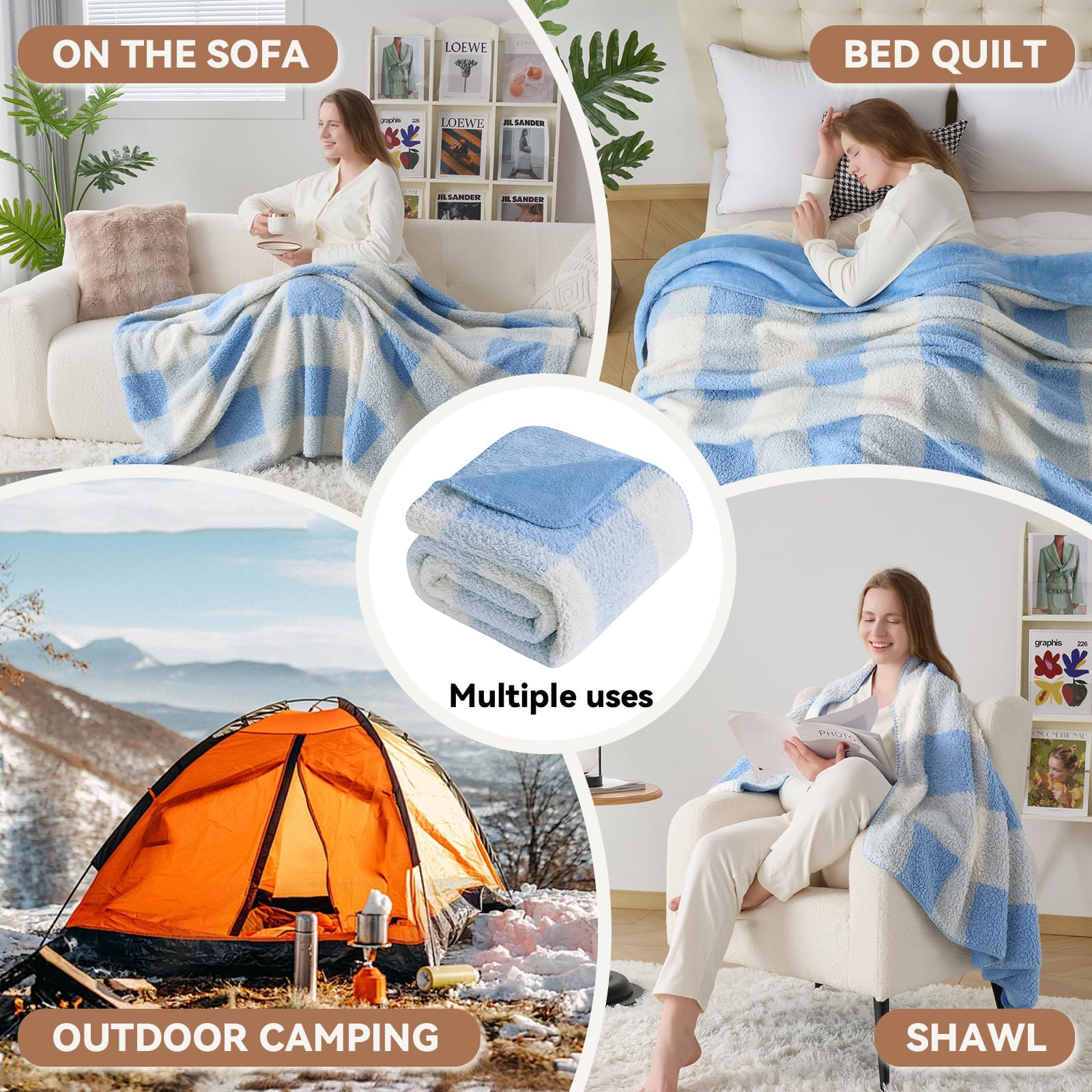 LURKA Coperta in pile Sherpa e polare a scacchi, coperta ipoallergenica su entrambi i lati, per divano, letto, animali domestici (ghiacciaio, matrimoniale (152,4 x 203,2 cm)