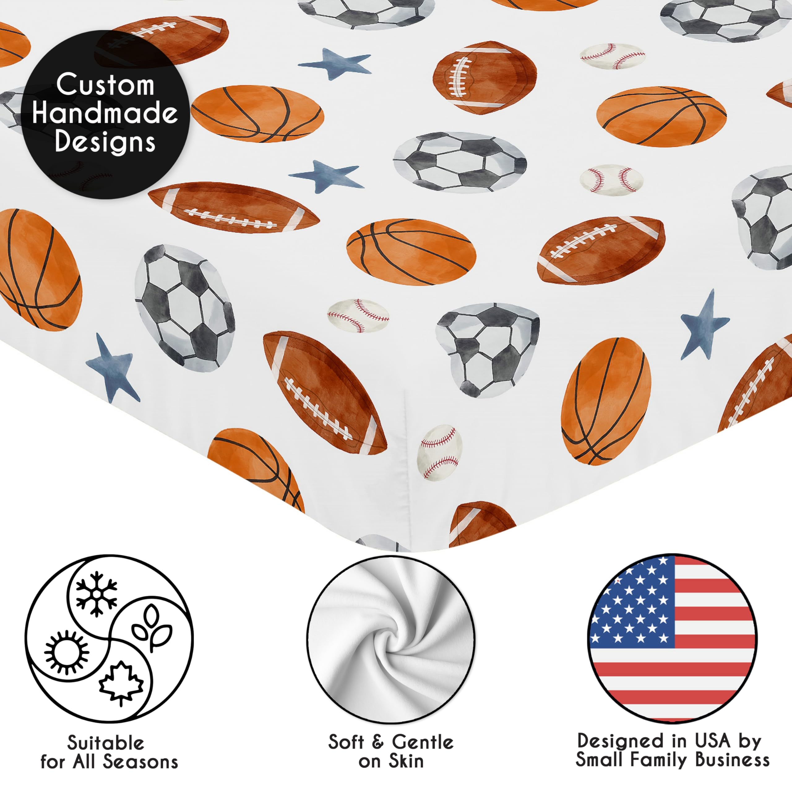 Sweet Jojo Designs Spannbettlaken-Set für Jungen und Babys, für Kleinkinder, Neugeborene, Kinderzimmer, Kleinkinder, Standardmatratze, 2 Stück, massiver Stahl, Blau und Aquarell, Fußball, Baseball