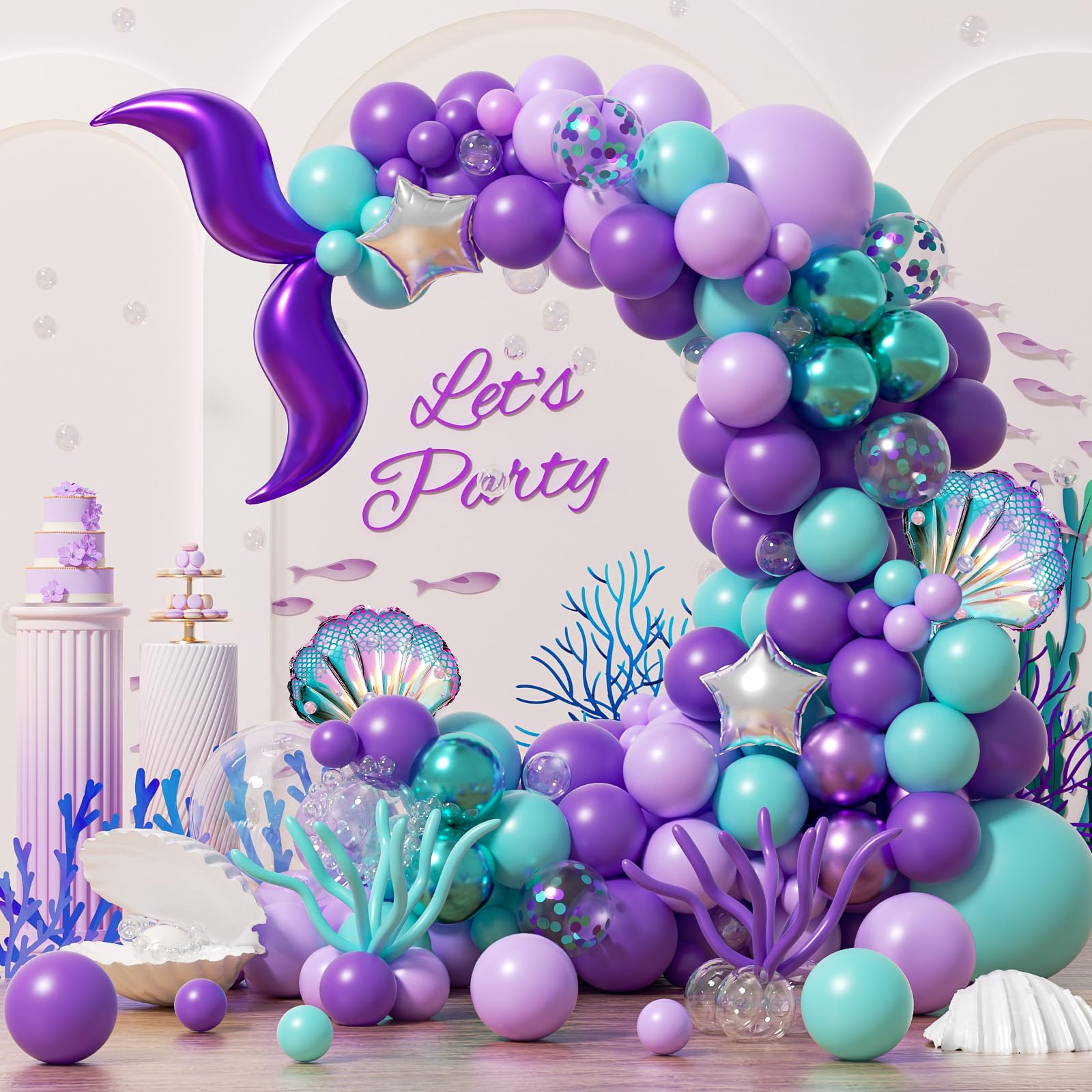 View 1 of 138Pcs Mermaid Balloon Arch, Purple Lake Blue Birthday Party Decorations with ShellTail Balloons for Little Mermaid Birthday Under the Sea Party Baby Shower Decorations