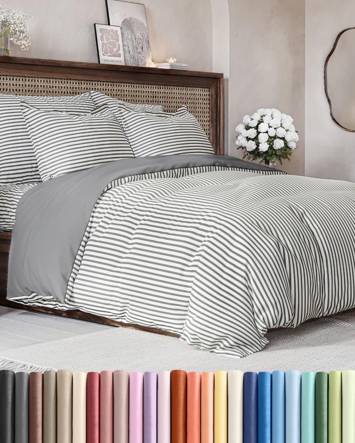 Duvet Cover Full Size - 3 Piece with Zipper Closure - Grey Stripes