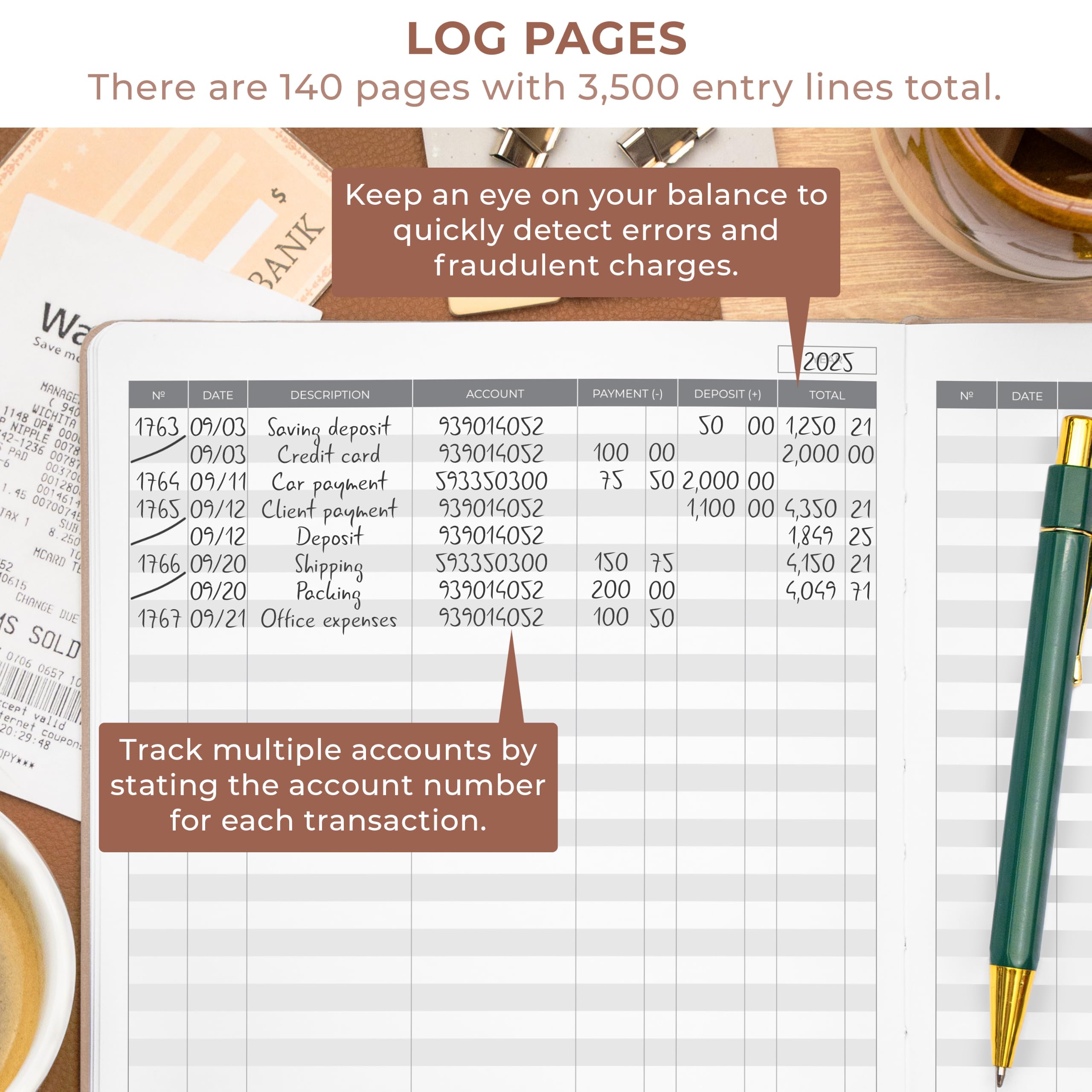 Clever Fox Accounting Ledger Book – Accounting Book for Small Businesses & Personal Use – Columnar Account Book Ledger for Tracking Money, Expenses, Deposits & Balance – Large, 7x10″ (Rose Gold)
