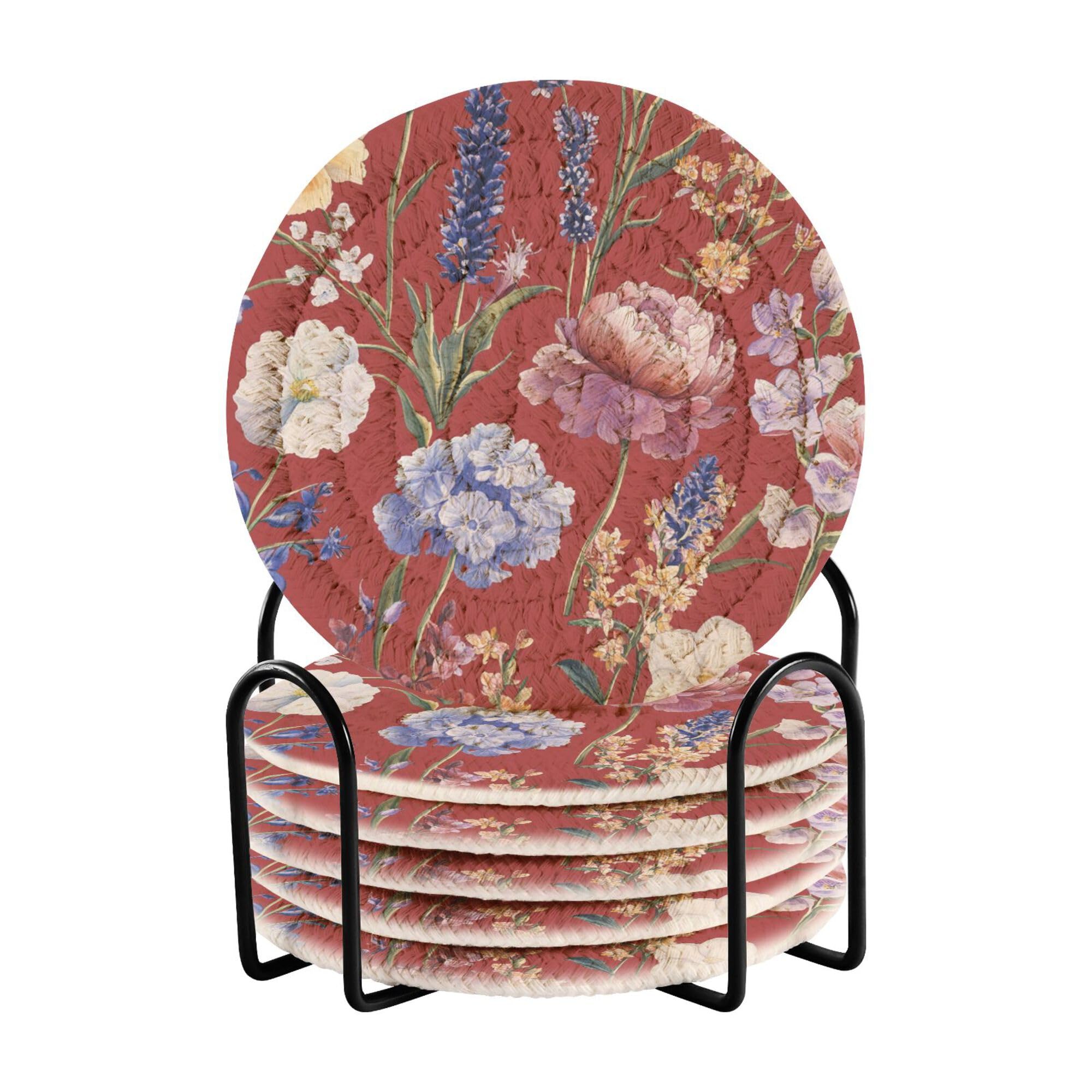Spring Flowers Lavender Hyacinths Red Cotton Rope Coasters and Holder Set of 6 Absorbant Coasters Table