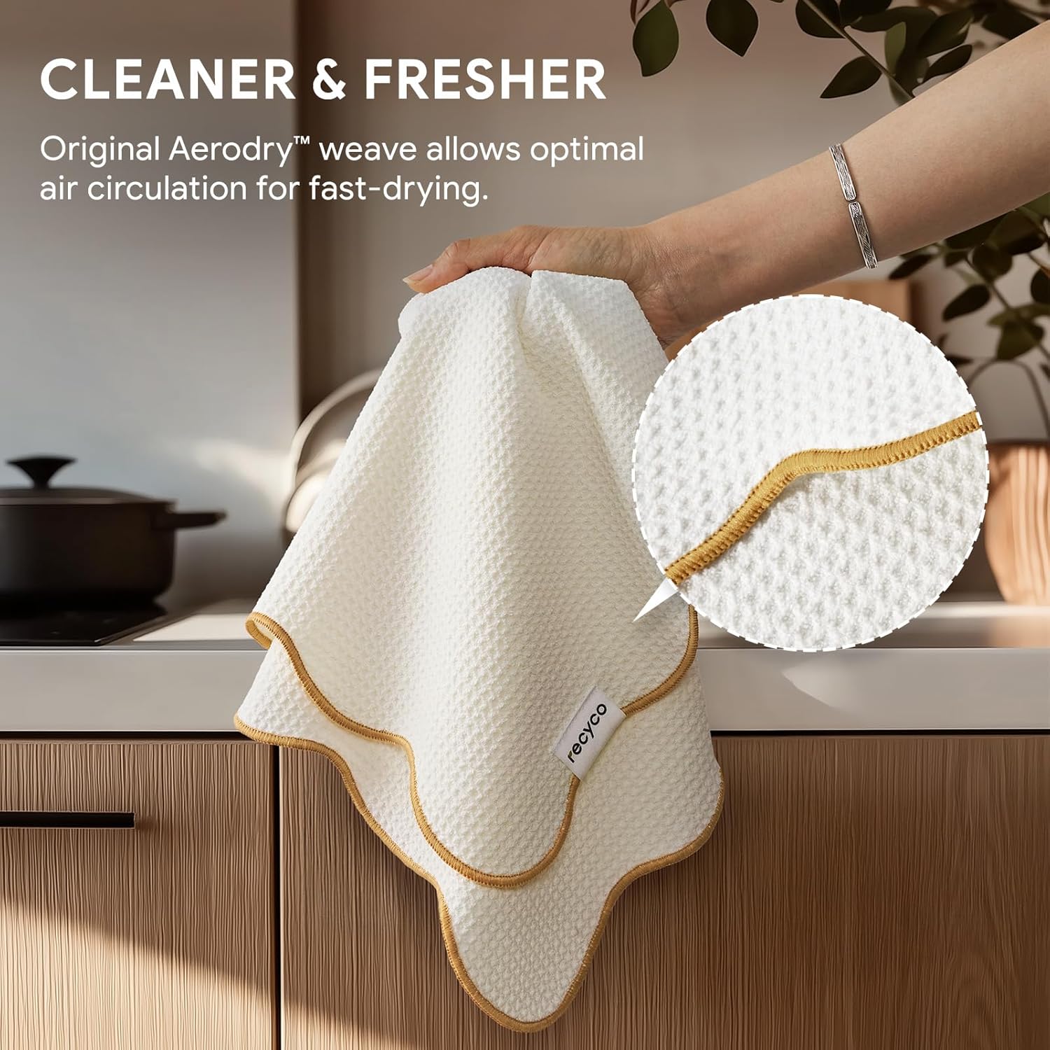 RECYCO Waffle Kitchen Towel Set of 2 - Quick Dry Microfiber Sustainable Dish Towels - Ultra Absorbent Reusable Cleaning Tea Towels - Lightweight Hand Towels,16”x 28”, Gold Yellow