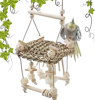 Natural Bird Chewing Shredding Foraging Toys, Bird Swing Toy with Bird Perch for Cockatiels, Parrotlets, Cockatiels, Conures, Parakeets, Budgies, Love Birds and More
