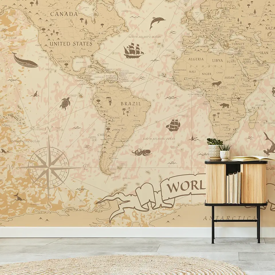 Papel de Parede Mapa Mundi Vintage Painel Vinil 8 rolos 12m²
