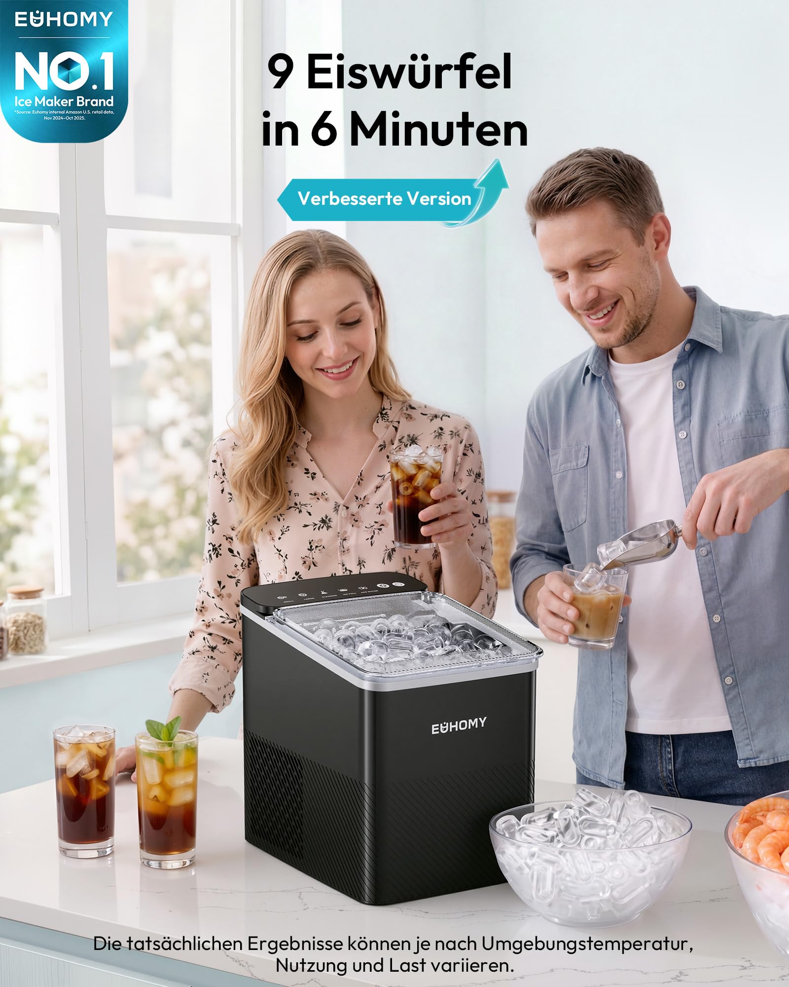 EUHOMY Eiswürfelmaschine, Kompaktes Design, 9 Eiswürfel in 2 Größen, Automatische Reinigung, schwarz