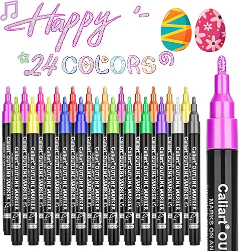 Caliart Juego de marcadores brillantes de 24 colores, marcadores de contorno de dibujo de doble línea, marcadores metálicos con purpurina, rellenos Caliart Juego de marcadores brillantes de 24 colores, marcadores de contorno de dibujo de doble línea, marcadores metálicos con purpurina, rellenos