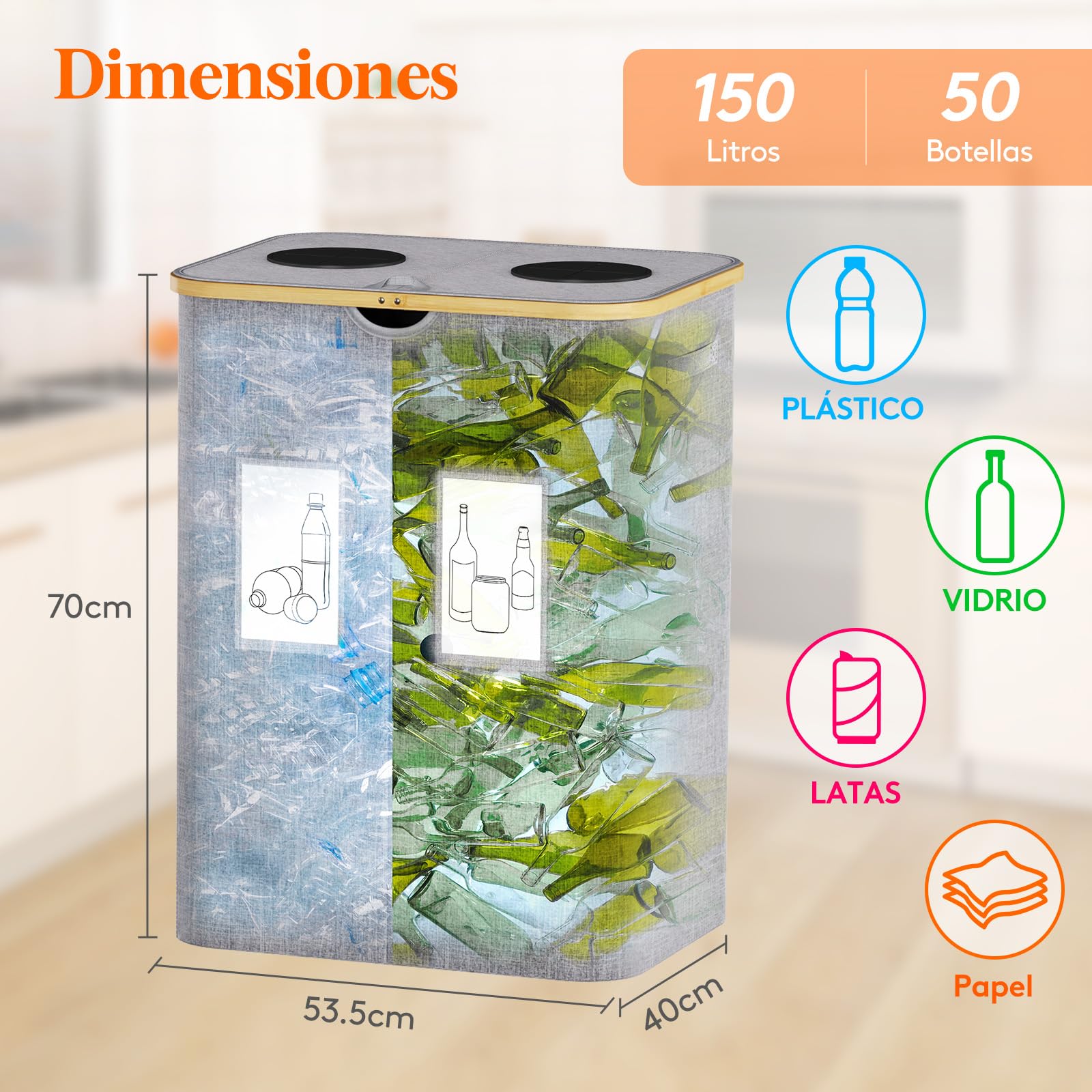 Lifewit Recolector Botellas con Tapa, 2 Compartimentos Contenedor de Clasificación Selectiva para Botellas de Plástico y Vidrio, Contenedor Reciclaje, Almacenamiento Cocina, Gris Claro 150 L
