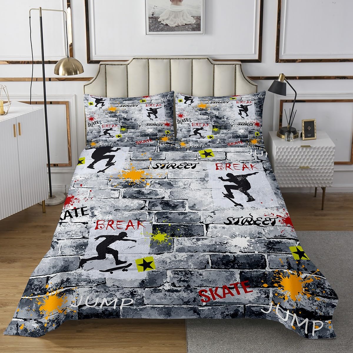 jejeloiu Kids Skateboard Coverlet Set Queen Size, Extreme Sports Theme Quilted Coverlet Boys Girls Hippie Skate Board Bedspread Teens Bedroom Decor 3Pcs