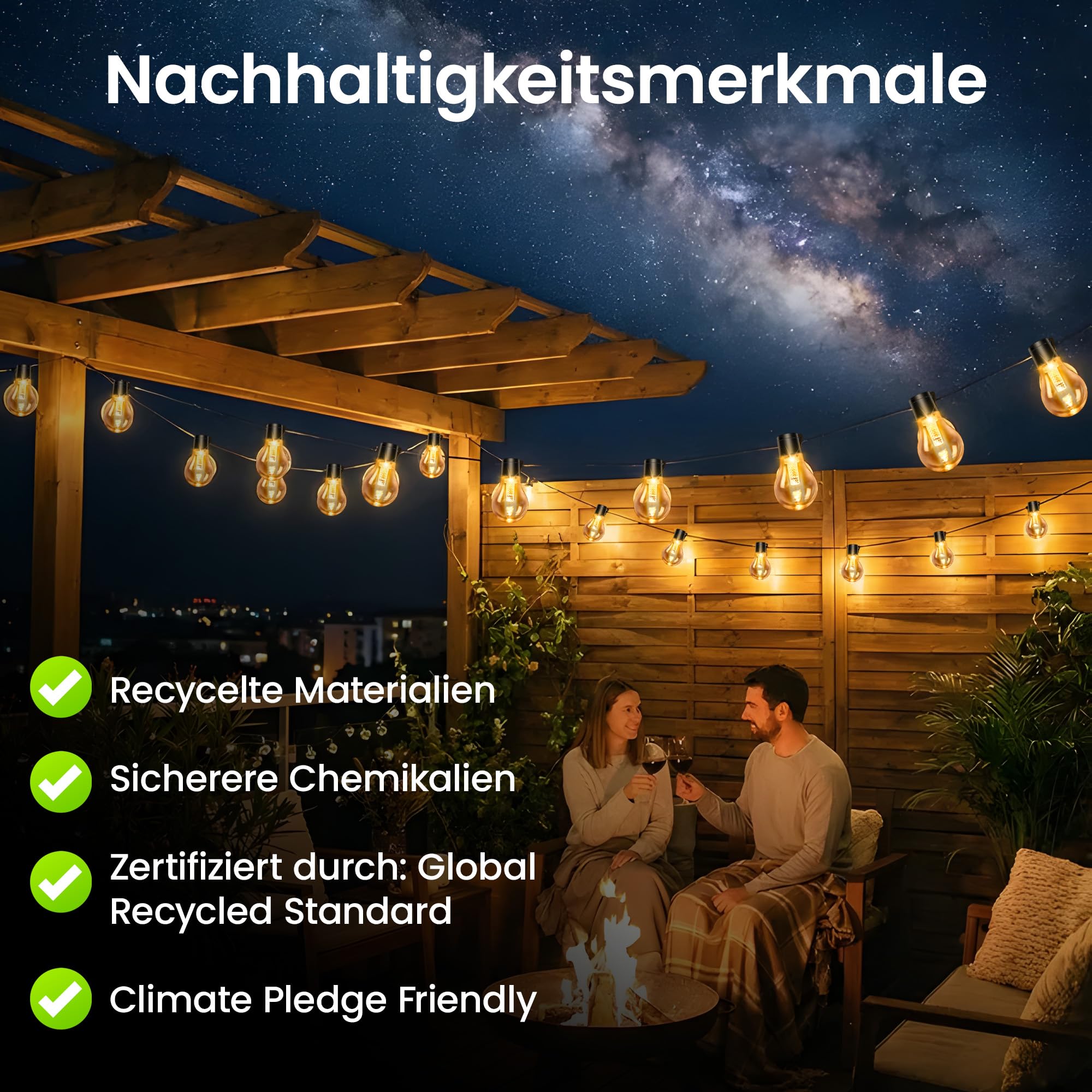 Cadena de luces LED para exteriores, con temporizador, 9 m, 12 bombillas A60, USB, recargable, 5000 mAh, para exteriores, Navidad, ventanas, escaleras, jardines, pabellones, bodas