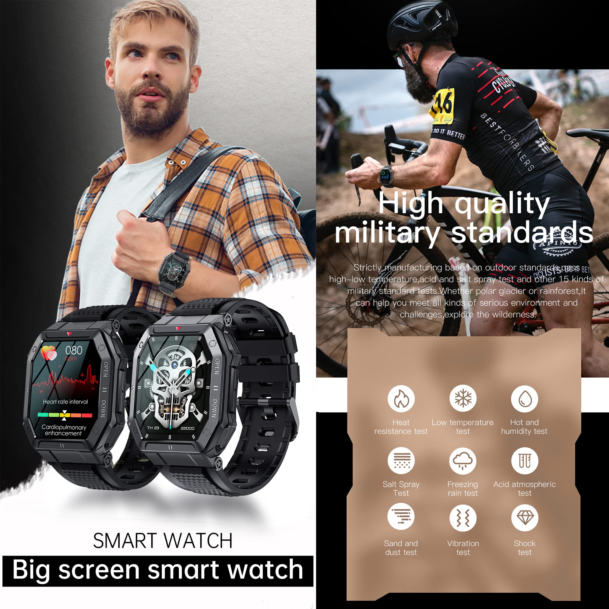 Smartwatch Hombre con Llamada Bluetooth/Marcación, 1.85" Reloj Inteligente con Reproductor de Música, Presión Arterial, Pulsómetro, SpO2, Monitor Sueño Smartwatch Android iOS(Black)