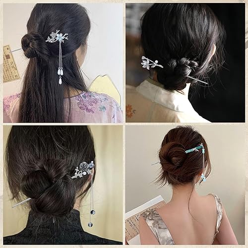 Miniatura 6 de inSowni 8 palillos de pelo retro vintage asiáticos chinos tradicionales Hanfu de metal plateado con colgantes de perlas de bambú loto de pelo largo