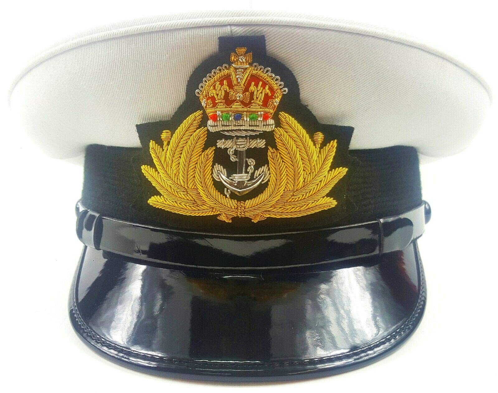 handembroideryuk Royal Navy Officer Cap – Naval Peak Dress Hat with Anchor Crown Bullion Badge & Chin Strap, Military Uniform Headgear