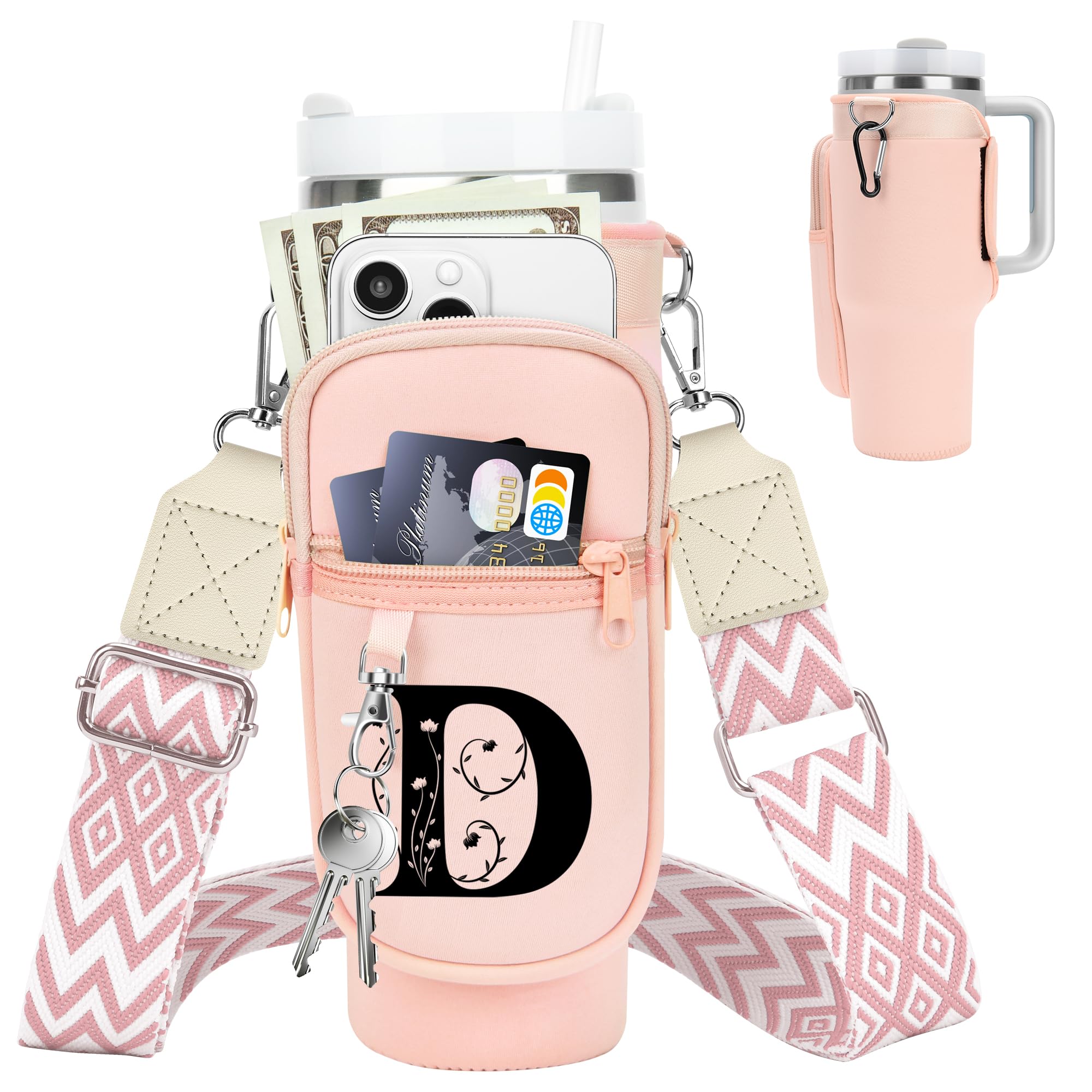 Initial Water Bottle Holder with Strap for Stanley Cup 40 oz Tumbler