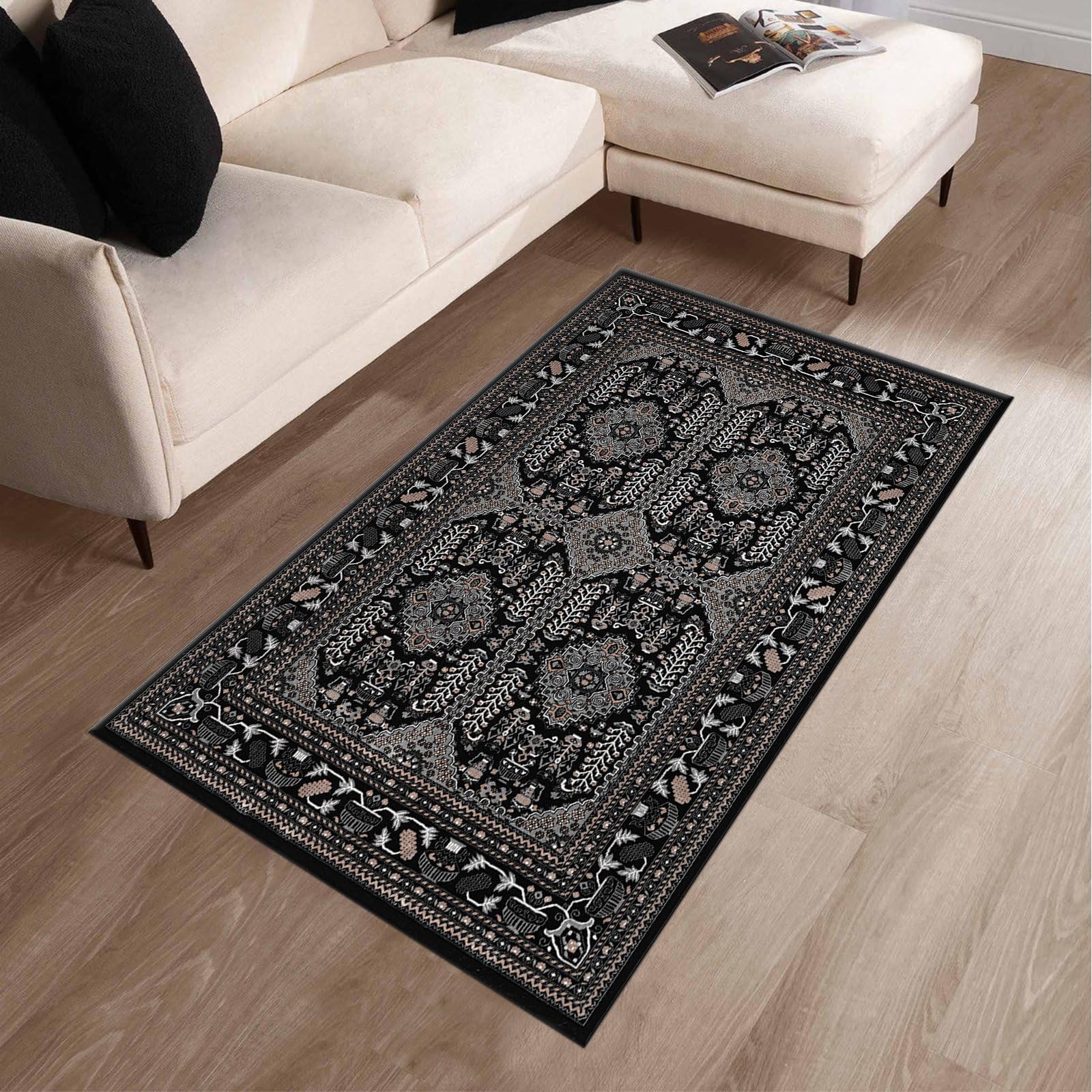 renoazul® Door Mats Indoor With Jute Back, Vintage Rug - Zinat 80x150 cm Black - Washable Rugs For Kitchen, Corridor, Hallway Runner and Welcome Mat