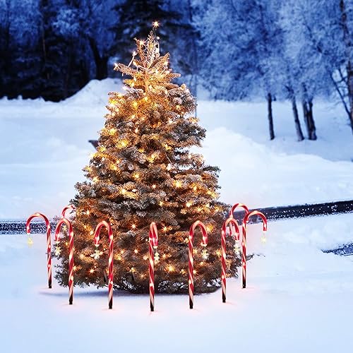 Miniatura 6 de GROYARD 8Pack Solar Christmas Candy Cane Lights Snowflake Outdoor Pathway Driveway Markers Decoration Set of 8 Red and White Xmas Home Indoor Yard