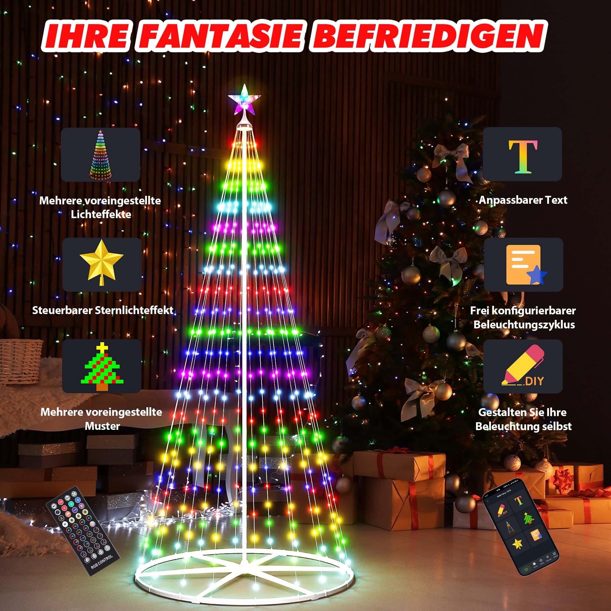 2,3M LED Weihnachtsbaum Außen, Weihnachtsdeko Lichterbaum Outdoor - 378 LEDs mit Stern, App & Fernbedienung, RGB Dimmbar, Timer, IP44 Wasserdicht - für Garten, Rasen, Weihnachten, Neujahr