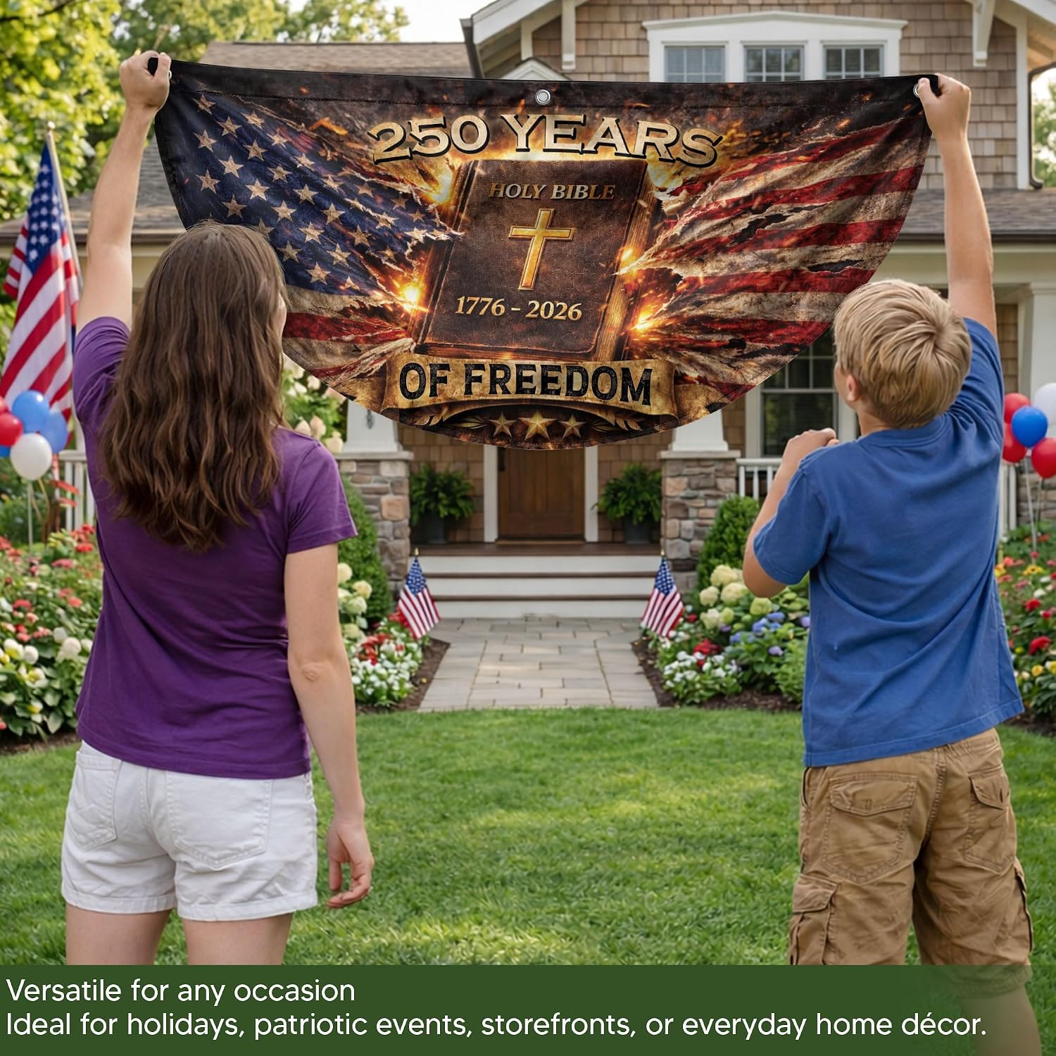 2 PCS 250 Years Of Freedom Flag, American Flags For Fence, Christian Patriotic American Flag With Cross, 250 Anniversary Usa Banner 1.5x3 Ft, 250th Anniversary Usa Commemorative Flags, Double-sided Printing 1