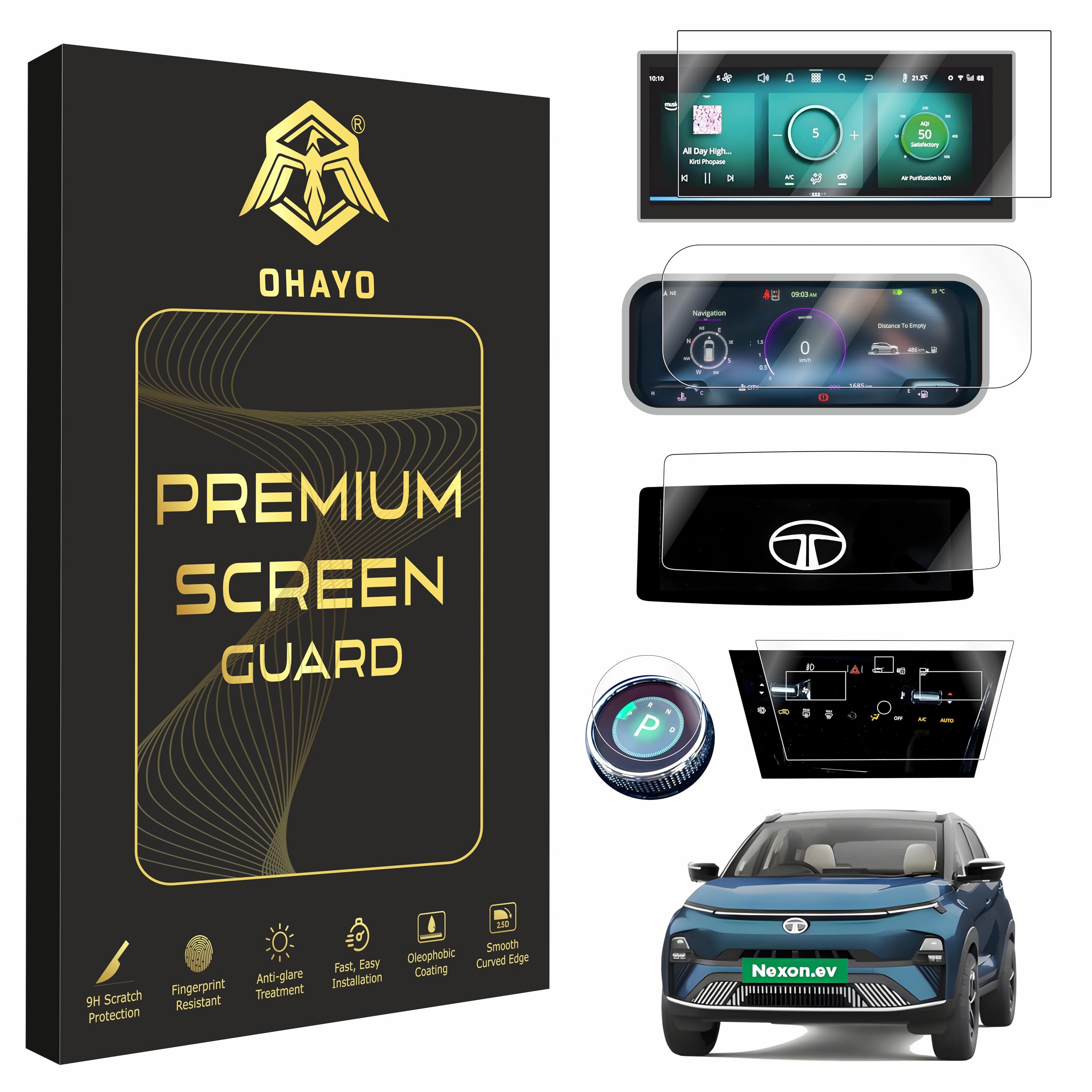 OHAYO 5 Pack Screen Protector for Tata Nexon EV 2023 Facelift Empowered+ | 12.3" Infotainment, Steering Controls, Instrument Cluster, AC Panel & Gear Knob Protection | 9H Hardness, Military Strength, Scratch Resistant, Bubble-Free, Not Tempered Glass-image-19