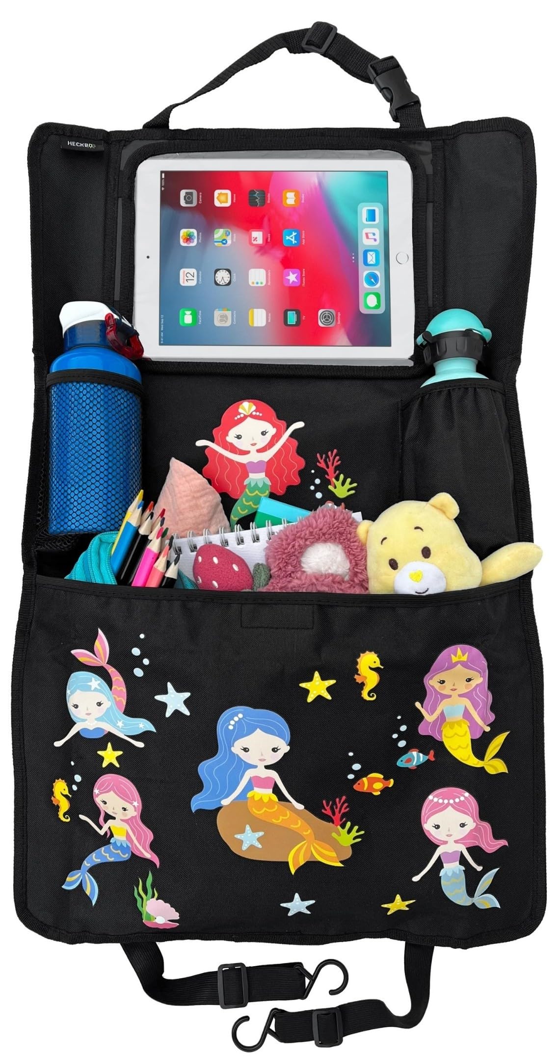 Heckbo Girls Mermaid 1X Children’s Car Back Seat Protector Organiser With Adjustable Tablet Holder Incl. Touch Screen Cover For Tablets Up To 20" – Design – Universal Fit – 70X45 Cm