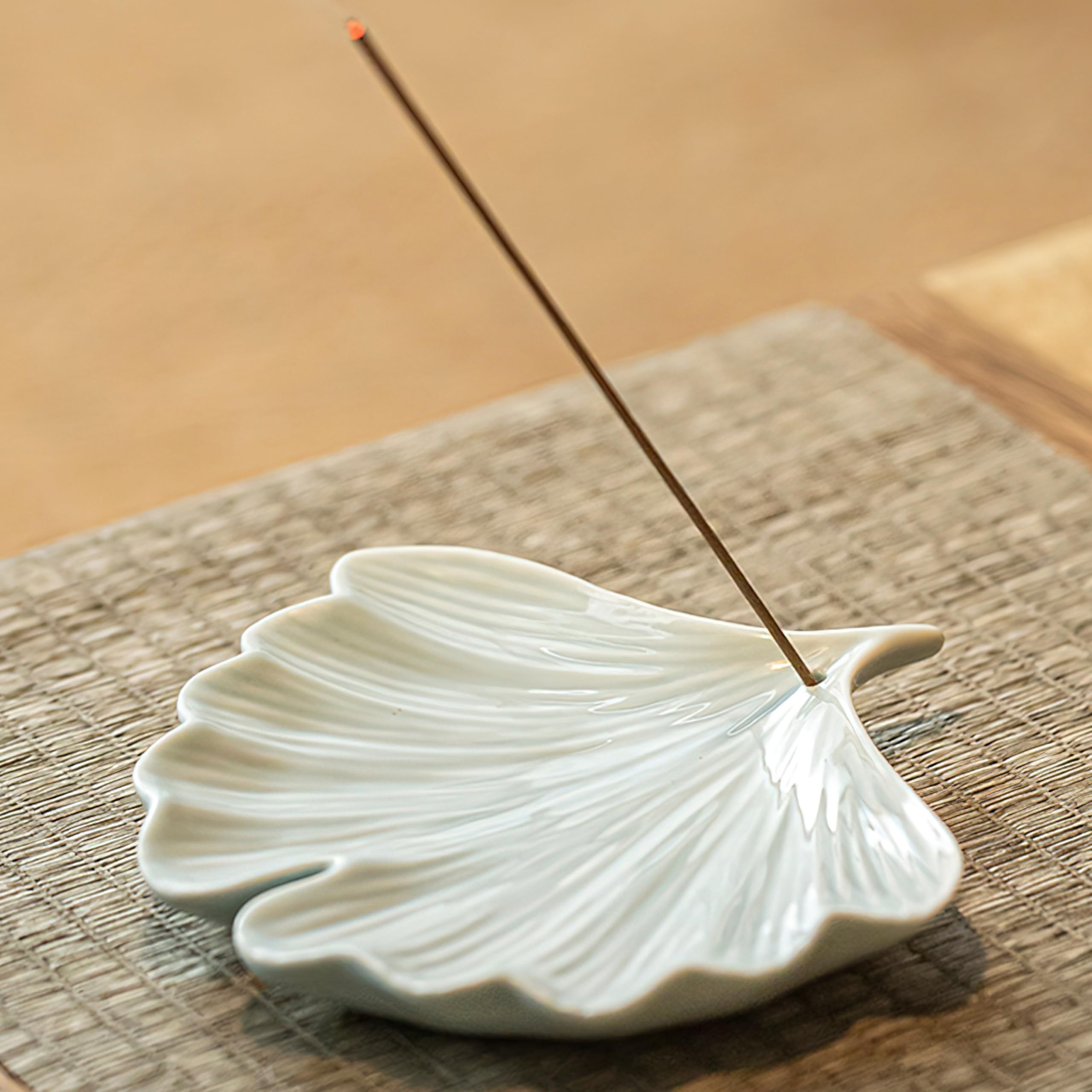Syddol Ceramic Ginkgo Leaf Incense Burner Holder, Japanese Stick Holder, Leaf Tray, for Counters, Meditation Room, Yoga, Home, Office (White)