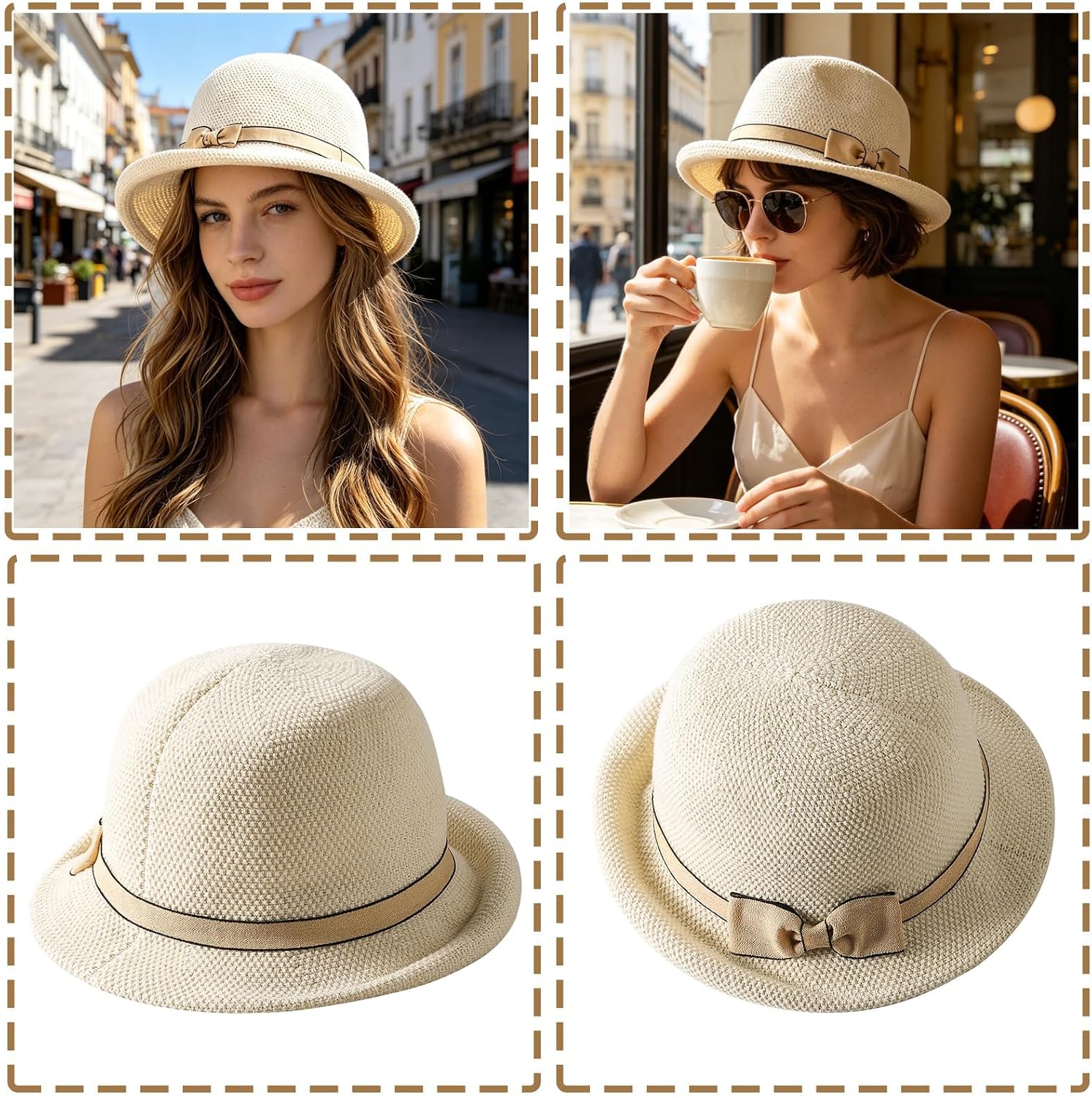 Women Straw Cloche Sun Hat Summer Church Hat Retro 1920s Round Beach Bowler Bucket Hats UPF 50+ Rolled Brim Travel Cap