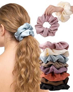 Jollybows 8Pcs Satin Silk Large Scrunchies for Women, Elastic Hair Ties Fashion Hair Band, Soft Scrunchy Classic Thick Ponytail Holders Hair Accessories Gifts for Women