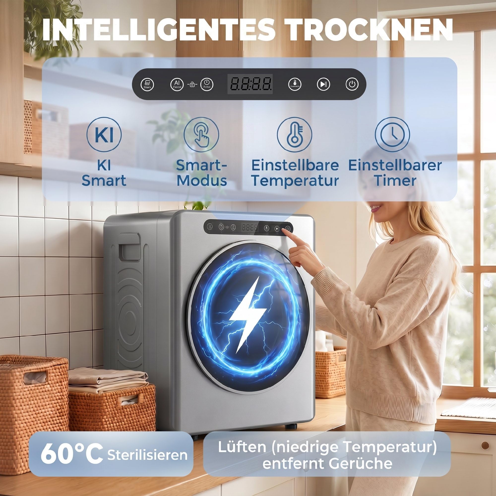 HOMCOM Mini suszarka z wywiewem 5 kg, ze sterylizacją, 6 programów do 60°C, 1000 W, z ekranem dotykowym, program wsteczny nie gniecie się, ze stali nierdzewnej, tryb ekstra suszenia, kolor srebrny