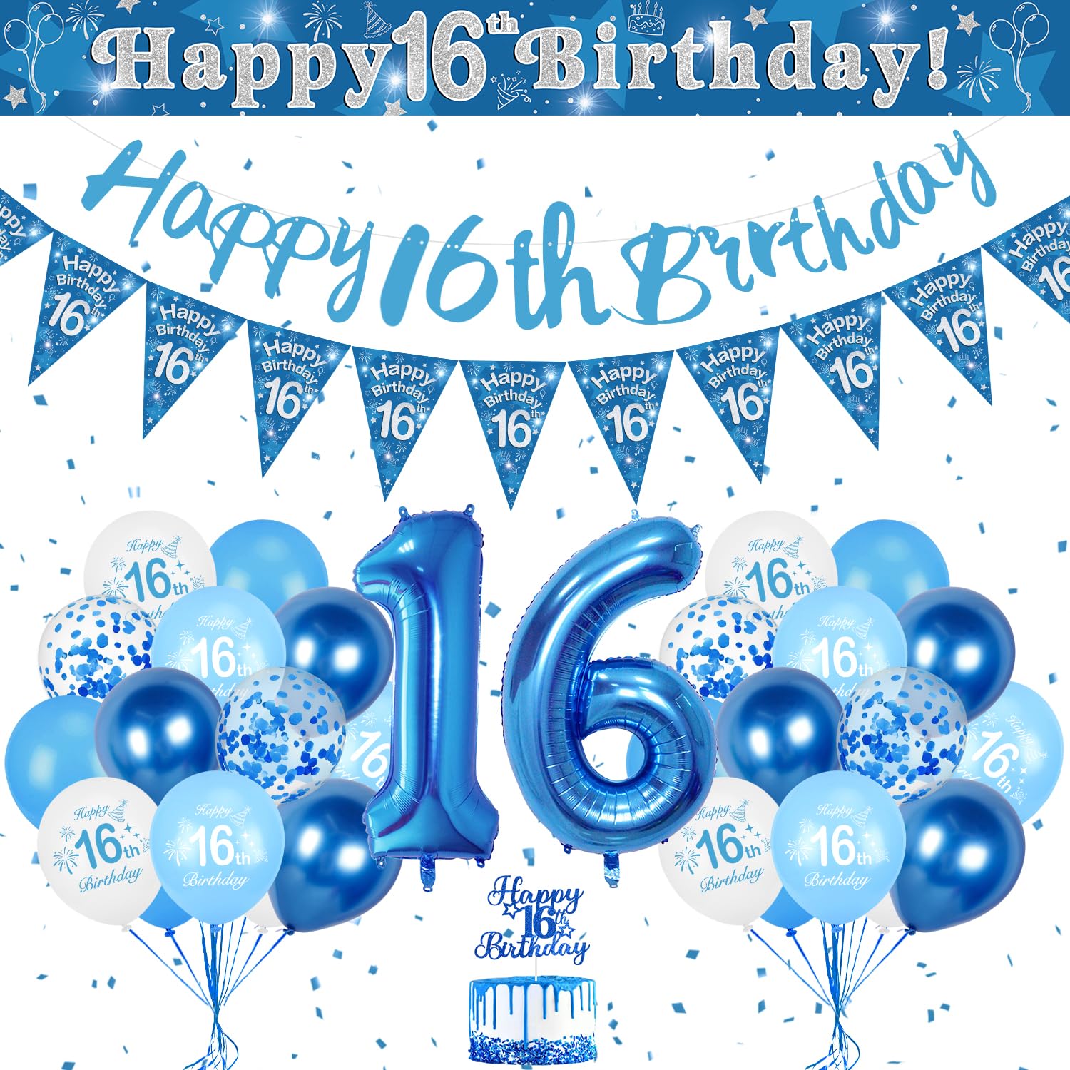 16. Geburtstag Dekoration Blau und Weiß - Luftballons, Banner, Folienballon Zahl für Junge und Mädchen