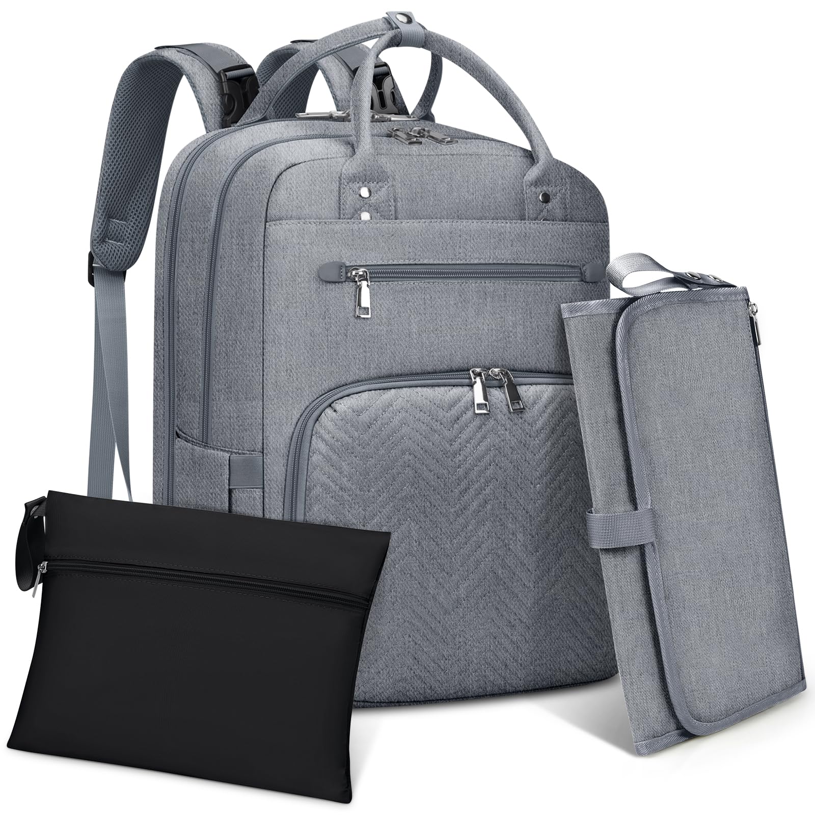 RAINSMORE Mochila Bebe Multifuncional Mochila Carro Bebe Pañaleras para Bebes con Cambiador Portátil y Correas para el Cochecito Grande Mochila Maternidad Gris