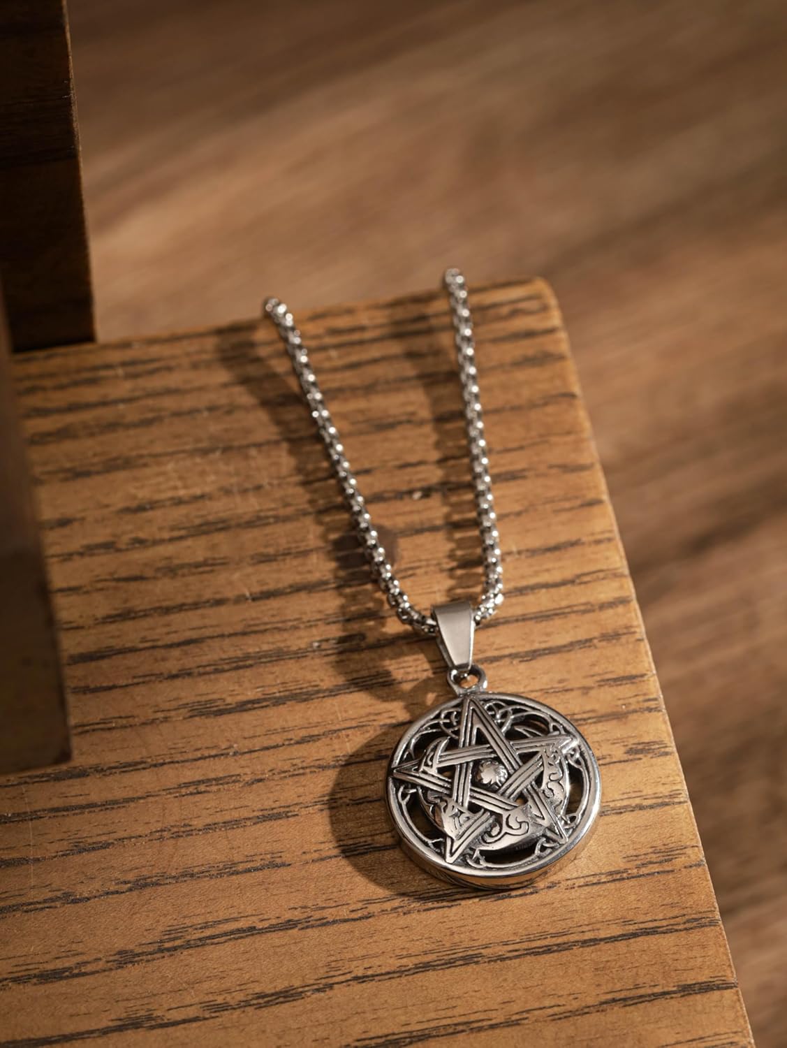 HAQUIL Pentacle Necklace, Silver Tone Stainless Steel Wiccan Crescent Moon Pentacle Pendant, Box Chain, Pagan Wiccan Jewelry Gift - Image 3