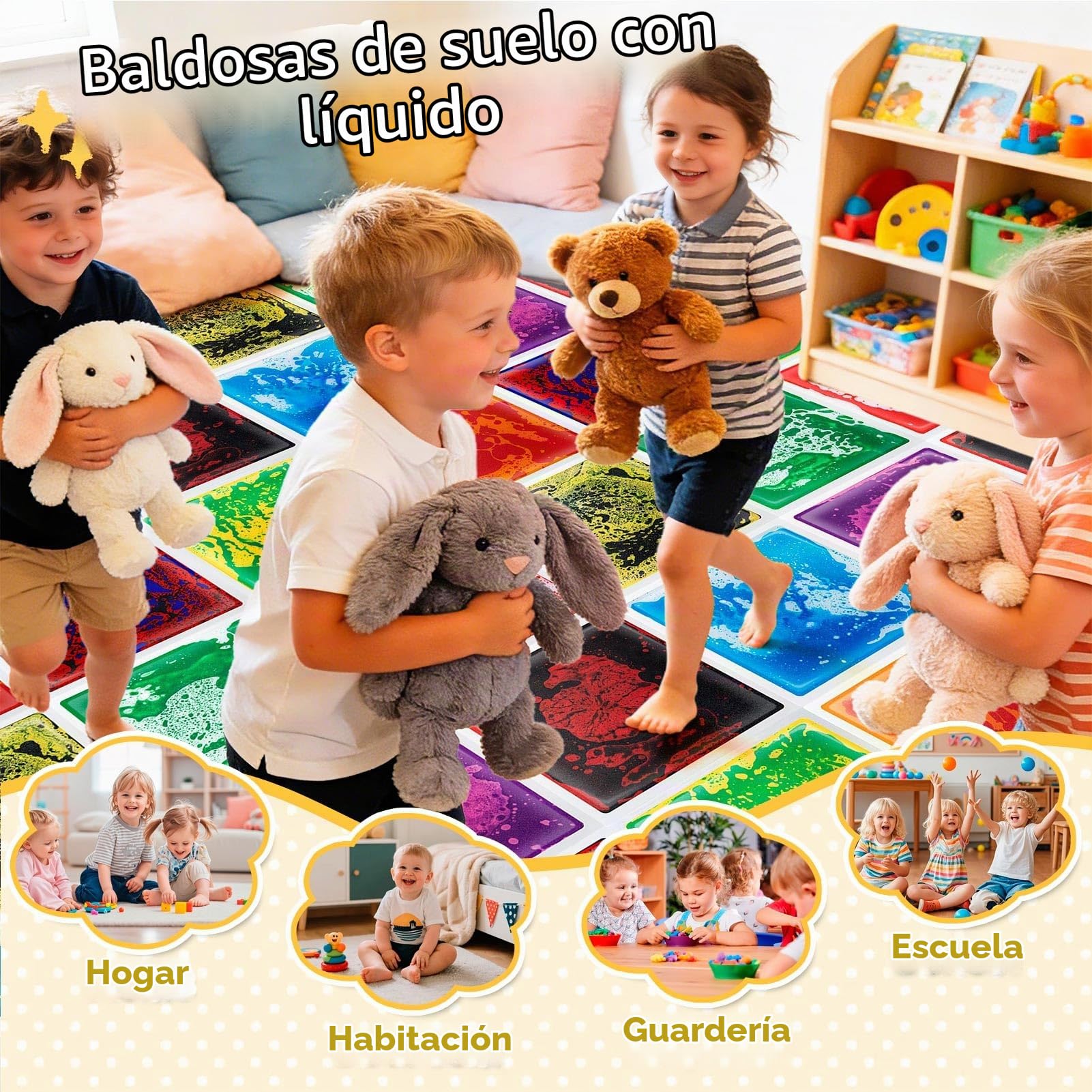 Art3d Baldosas Sensoriales Líquidas Cuadradas | 4 Piezas PVC 30x30 cm | Líquido Atóxico y Antideslizante | Juego Niños, Escuela | Sin Instalación