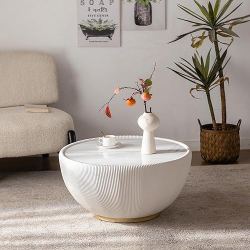 Miniatura 4 de Mesa auxiliar redonda de 29.53 pulgadas, mesas de cóctel modernas con textura vertical decorativa, mesas centrales de cuenco blanco de 29.53 1 Mesa