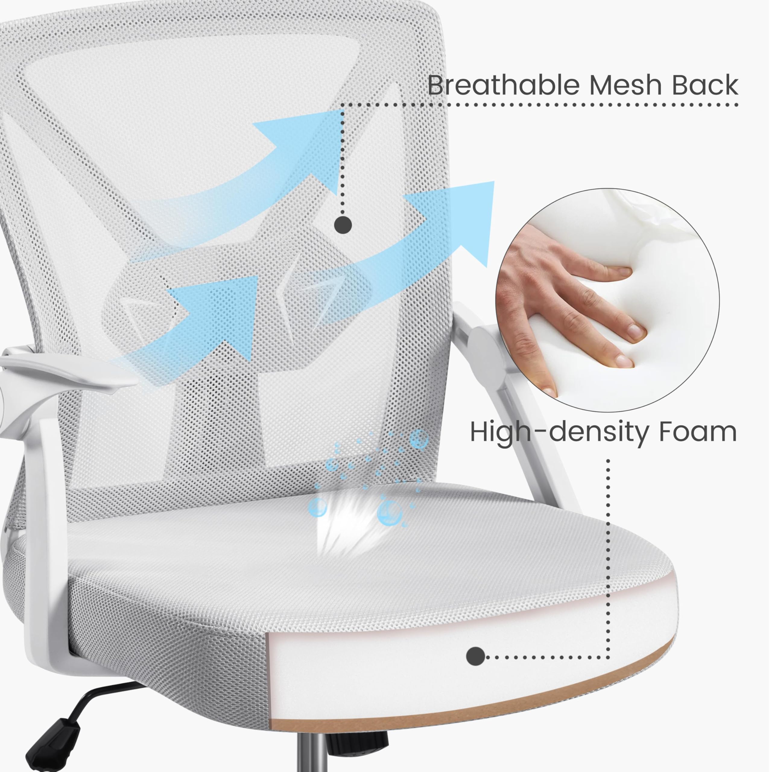 Yaheetech Krzesło biurowe z podnoszonymi podłokietnikami, obrotowe krzesło z siatki, ergonomiczne, regulowane podparcie okolic lędźwiowych, funkcja przechylania, regulacja wysokości, jasnoszare
