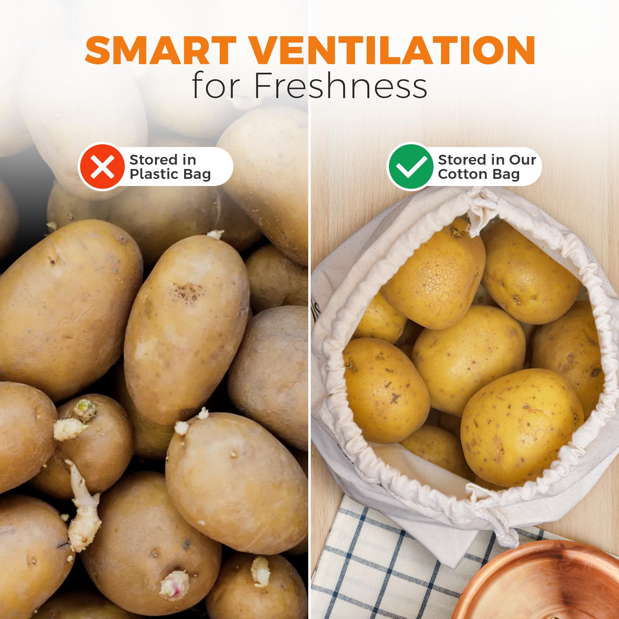 Set Di 3 Sacchetti In Cotone Per Patate, Cipolle E Aglio – Contenitori Traspiranti E Riutilizzabili Per Cucina, Ecologici