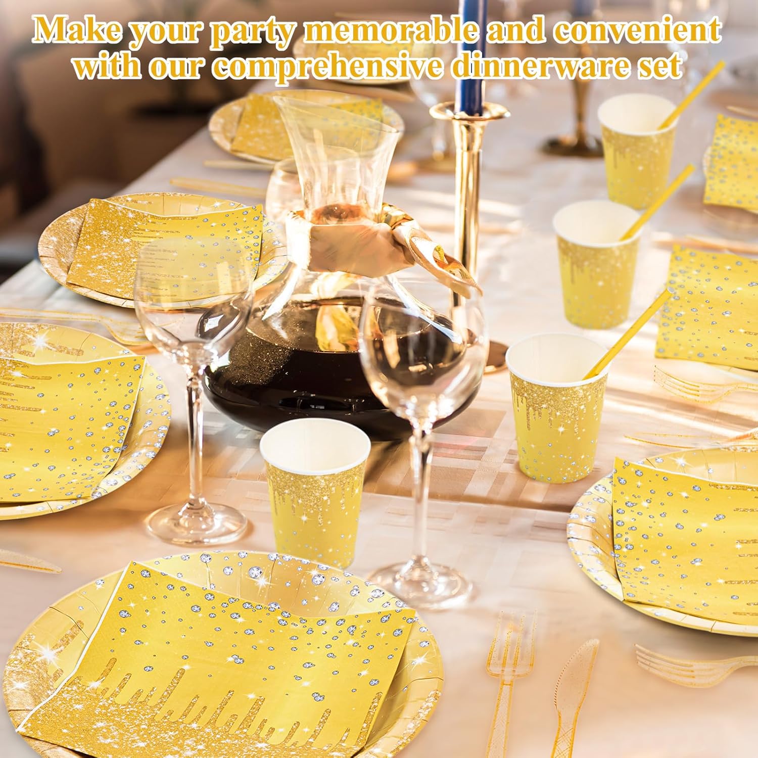 400 Pcs Gold Birthday Party Decorations Golden Glitter Paper Plates Disposable Diamonds Napkins and Cups for Women Birthday Anniversary Wedding Party Decorations Supplies