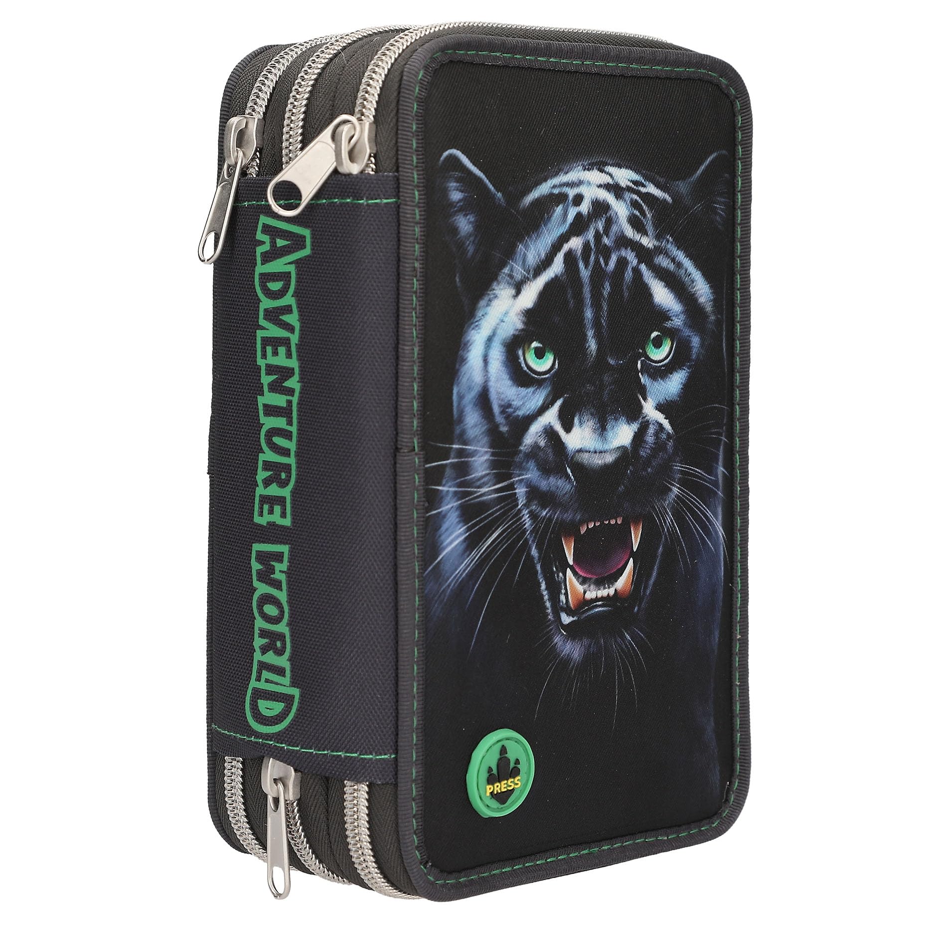 Depesche 13709 Adventure World Panther - Astuccio a 3 Scomparti in Nero, con Motivo Pantera ed Effetti di Luce LED, Astuccio con matite Colorate, Forbici, Righello e Molto Altro.