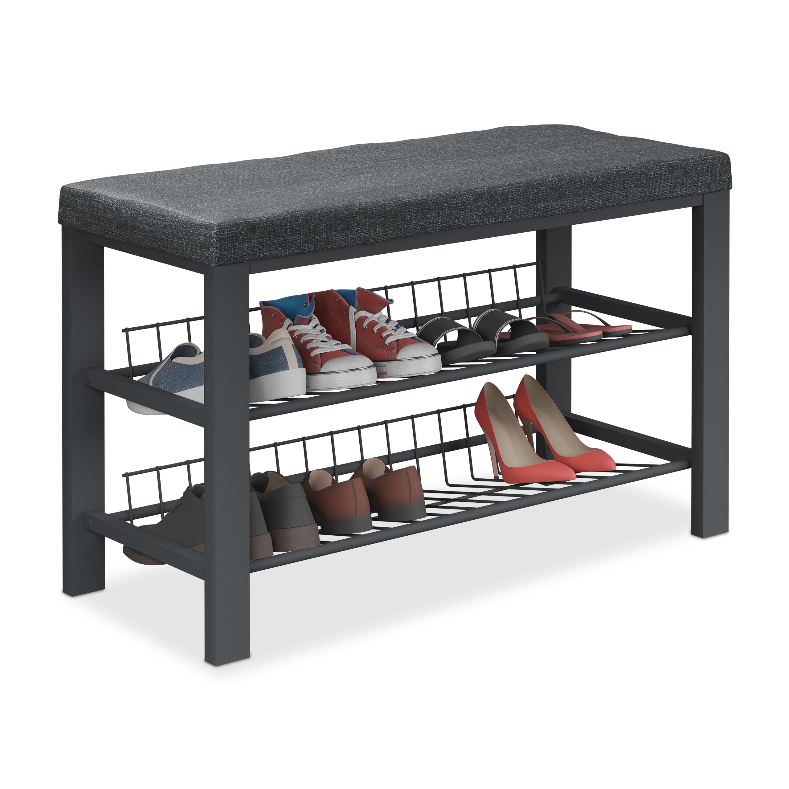 Relaxdays Banco Zapatero, Organizador Zapatos Acolchado, 2 Baldas para Calzado, Tela y Metal, 50,5 x 82 x 33 cm, Negro