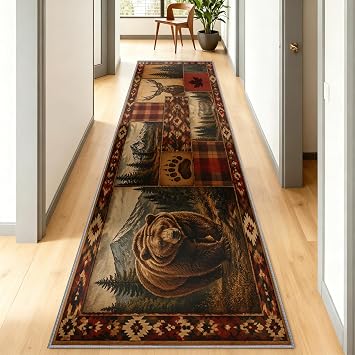Bear Rug, Plaid Mountain Area Rug, Pinecone Pattern Rugs for Kitchen, Washable Rugs Non Slip Carpet for Rustic Lodge Home Decor Stain Resistant Design