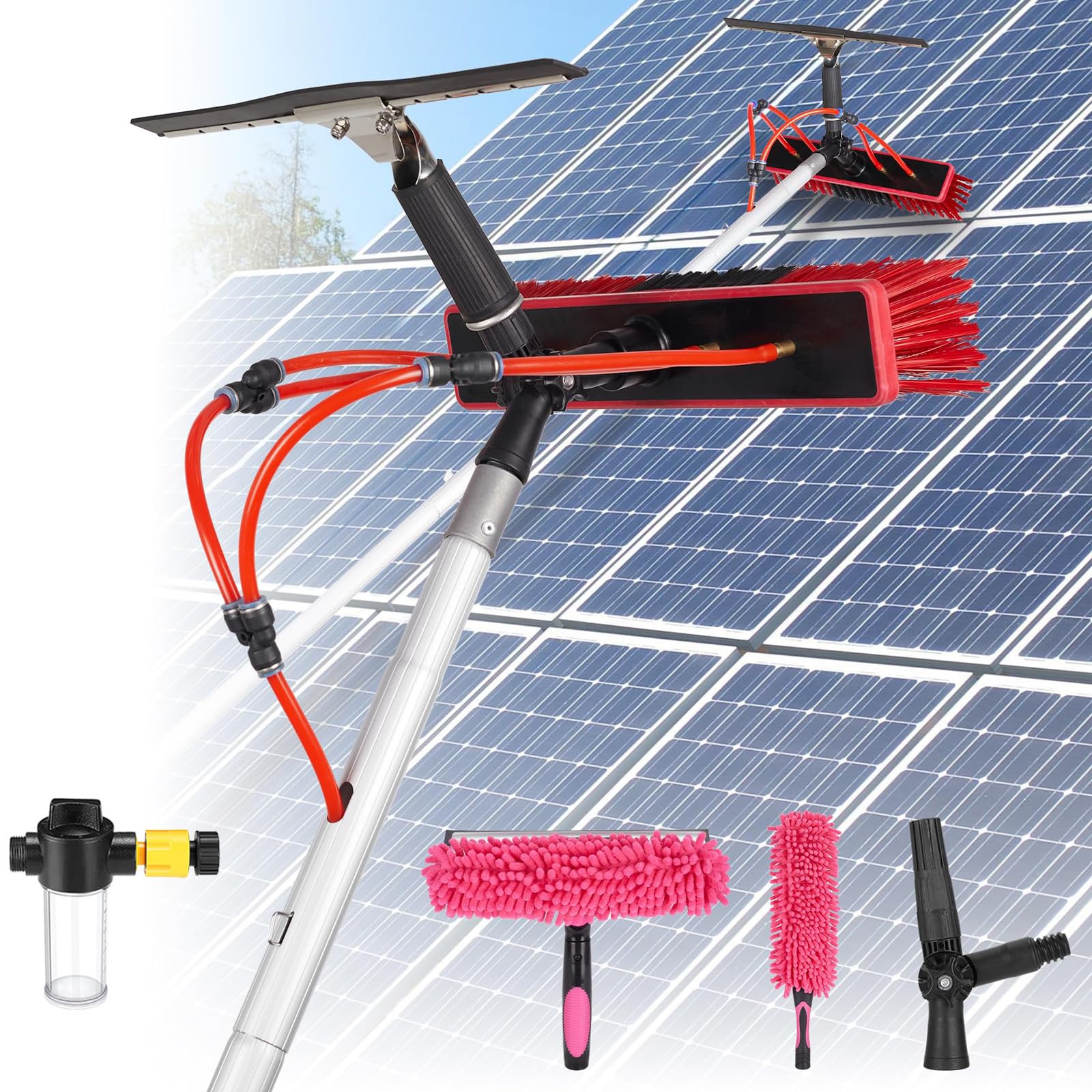 YHKJLYH Window Cleaning Brush, 8 Meters Pole Washing Kit, with Water-fed Brush,Soap Dispenser, Squeegee & Duster,Water Fed Window Cleaning Pole Aluminium, Cleaner for Solar Panels, 35cm Brush
