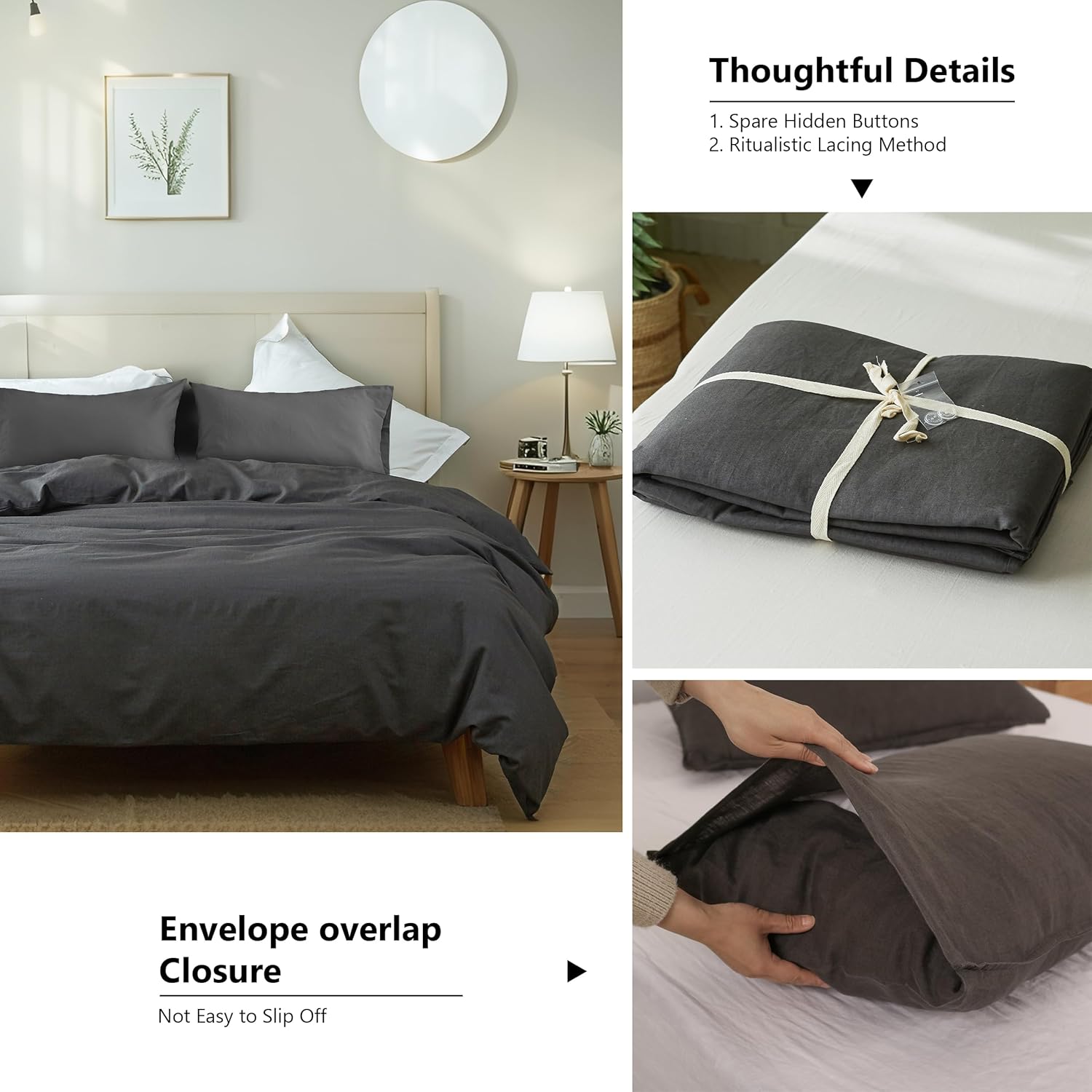 FALUCA French Linen Duvet Cover Set 3-Piece Queen (88"x92") - Soft & Comfortable Linen-Cotton Blend, Breathable Farmhouse Bedding for All Seasons& Luxury Home Decor, Dark Grey/Charcoal - Image 4