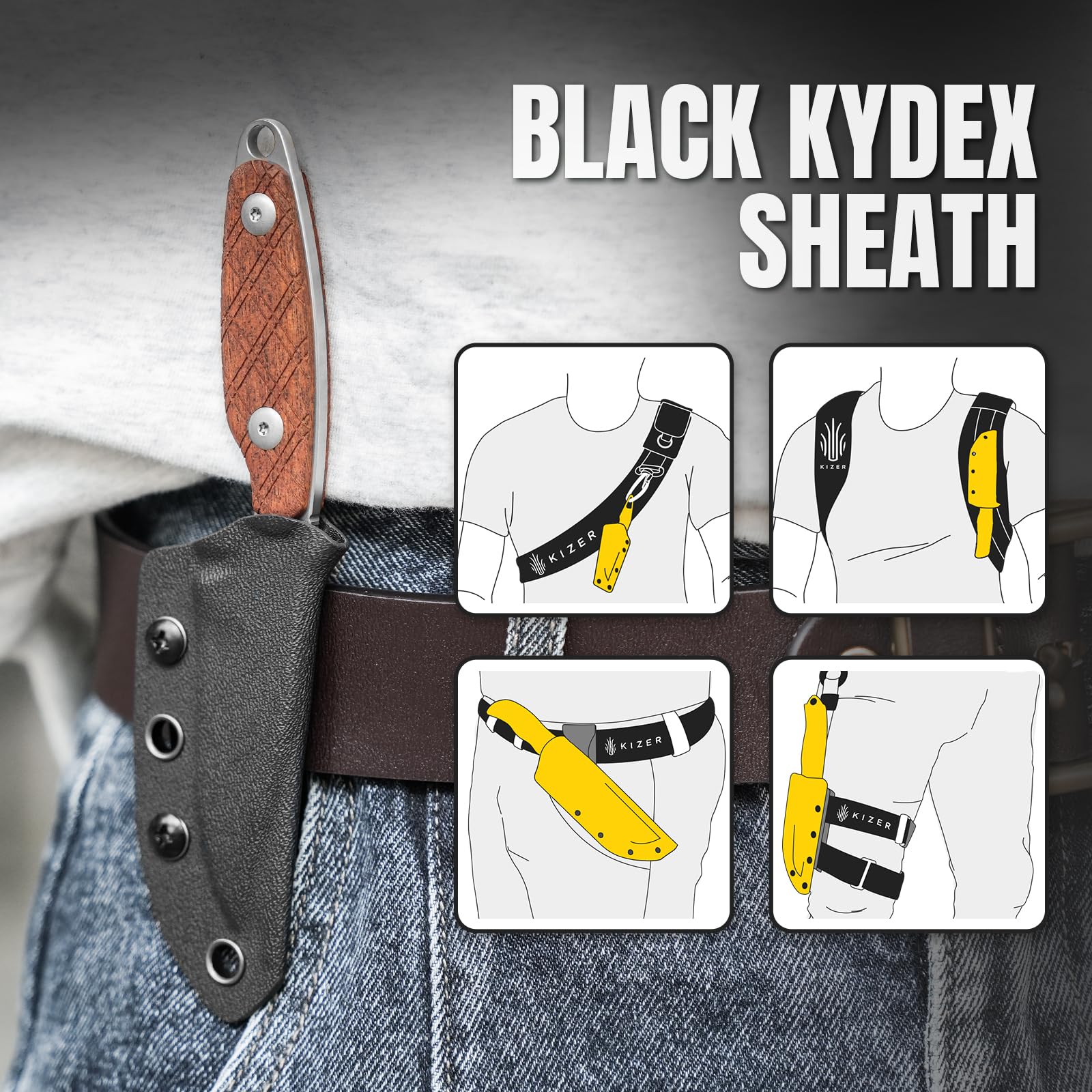 Kizer Muskrat Feststehender Messer, 8 cm S35VN Stahl mit Mkuruti Holzgriff Feste Klinge EDC Messer für Männer Frauen, für Outdoor-Jagd Wandern Überleben Camping mit Scheide, 1064A2