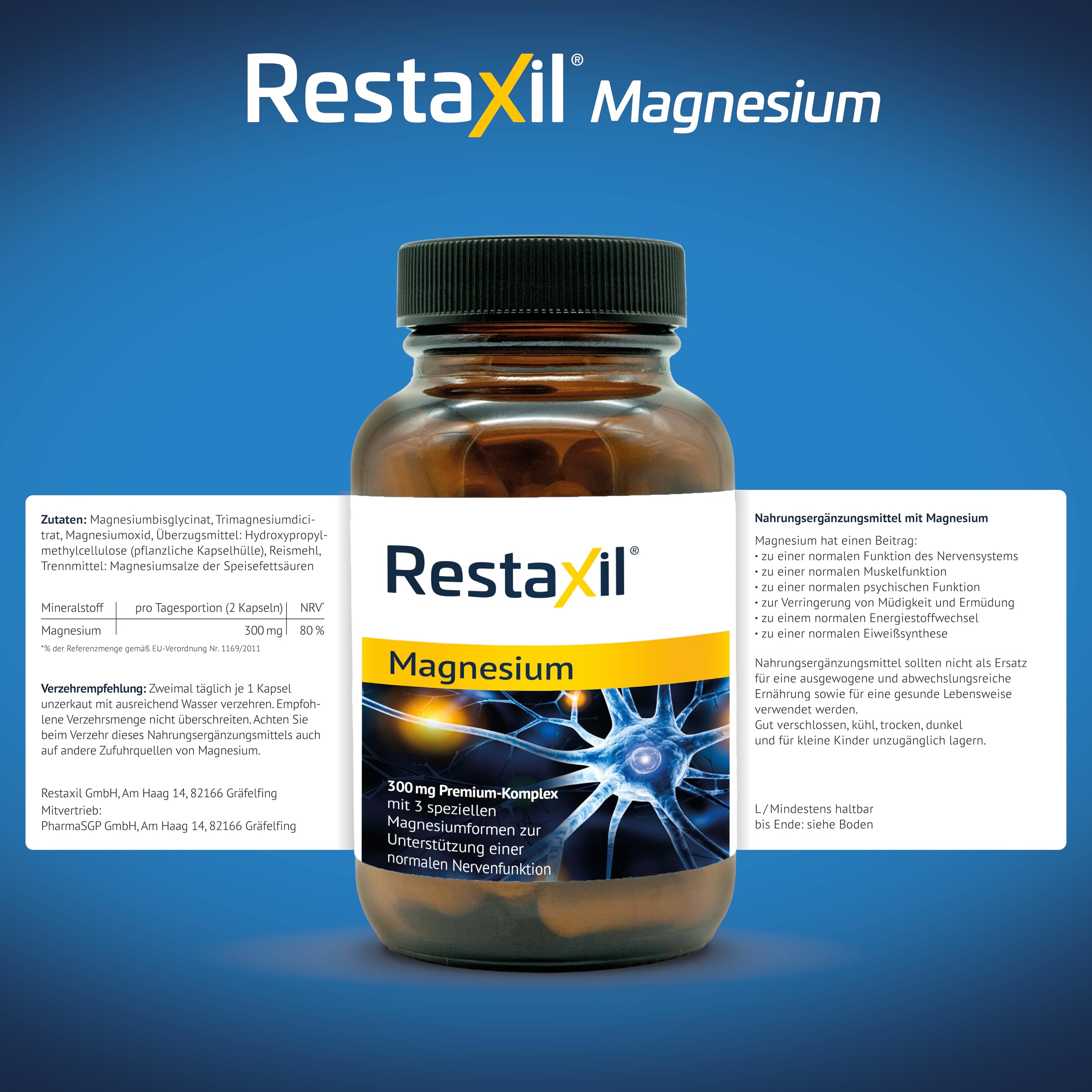 Restaxil® Magnesium [60 Stück] – Premium-Magnesium-Komplex mit Magnesiumbisglycinat, Citrat & Oxid – vegan, gluten- & laktosefrei, in Deutschland hergestellt